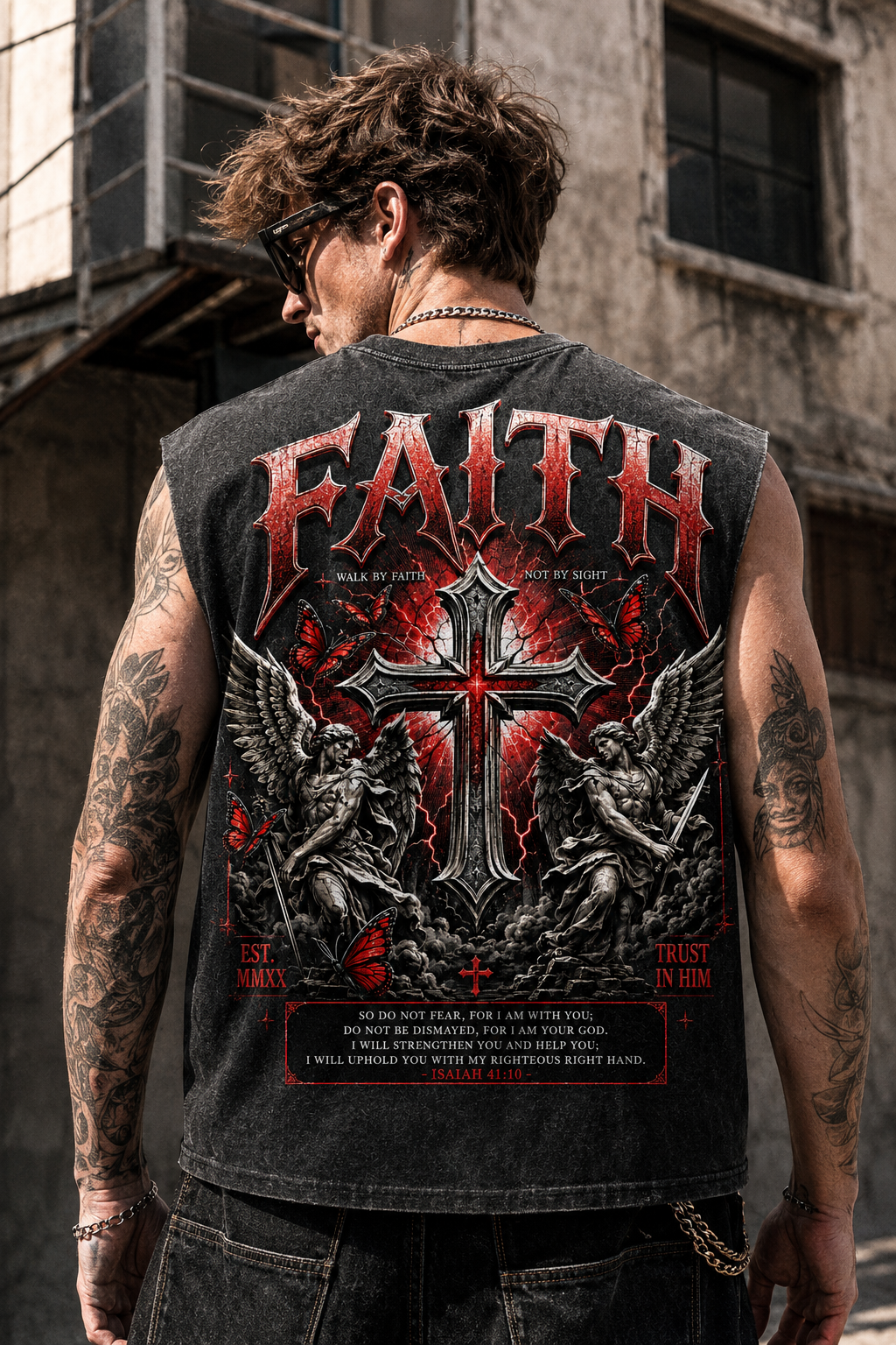 FAITH Washed Black Muscle Tee – Vintage Gothic Cross Graphic