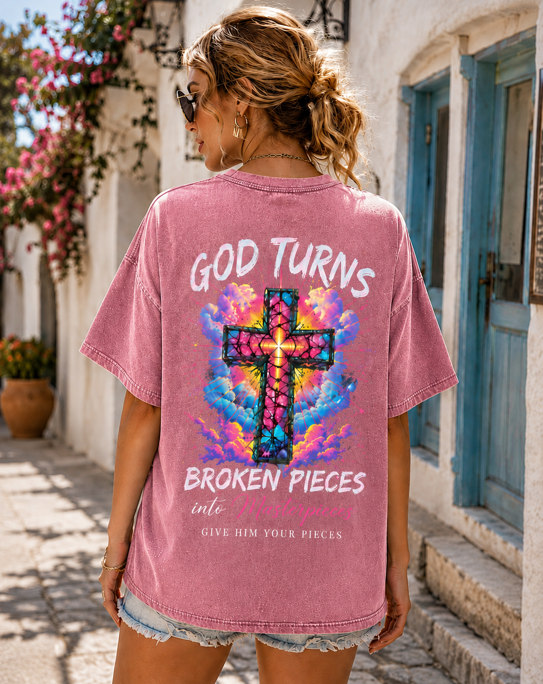 GOD Turns Broken Pieces Graphic Tee – Vintage Washed Black