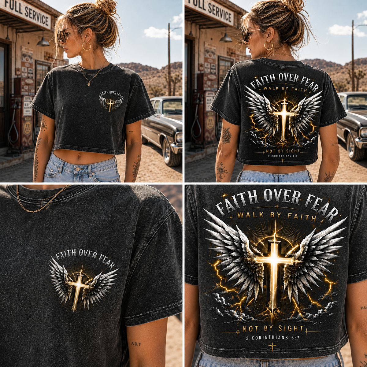 Faith Over Fear – Winged Cross Vintage Crop Tee