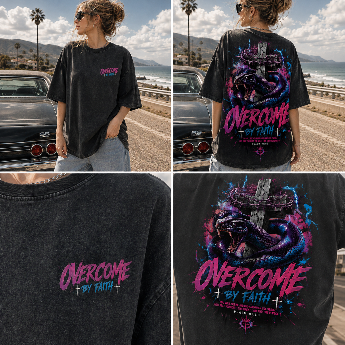 OVERCOME BY FAITH – Vintage Washed Black Christian Graphic Tee