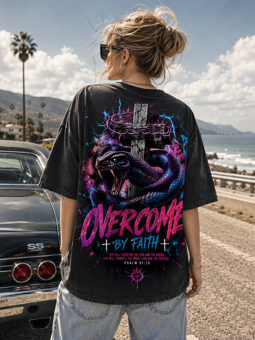 OVERCOME BY FAITH – Vintage Washed Black Christian Graphic Tee