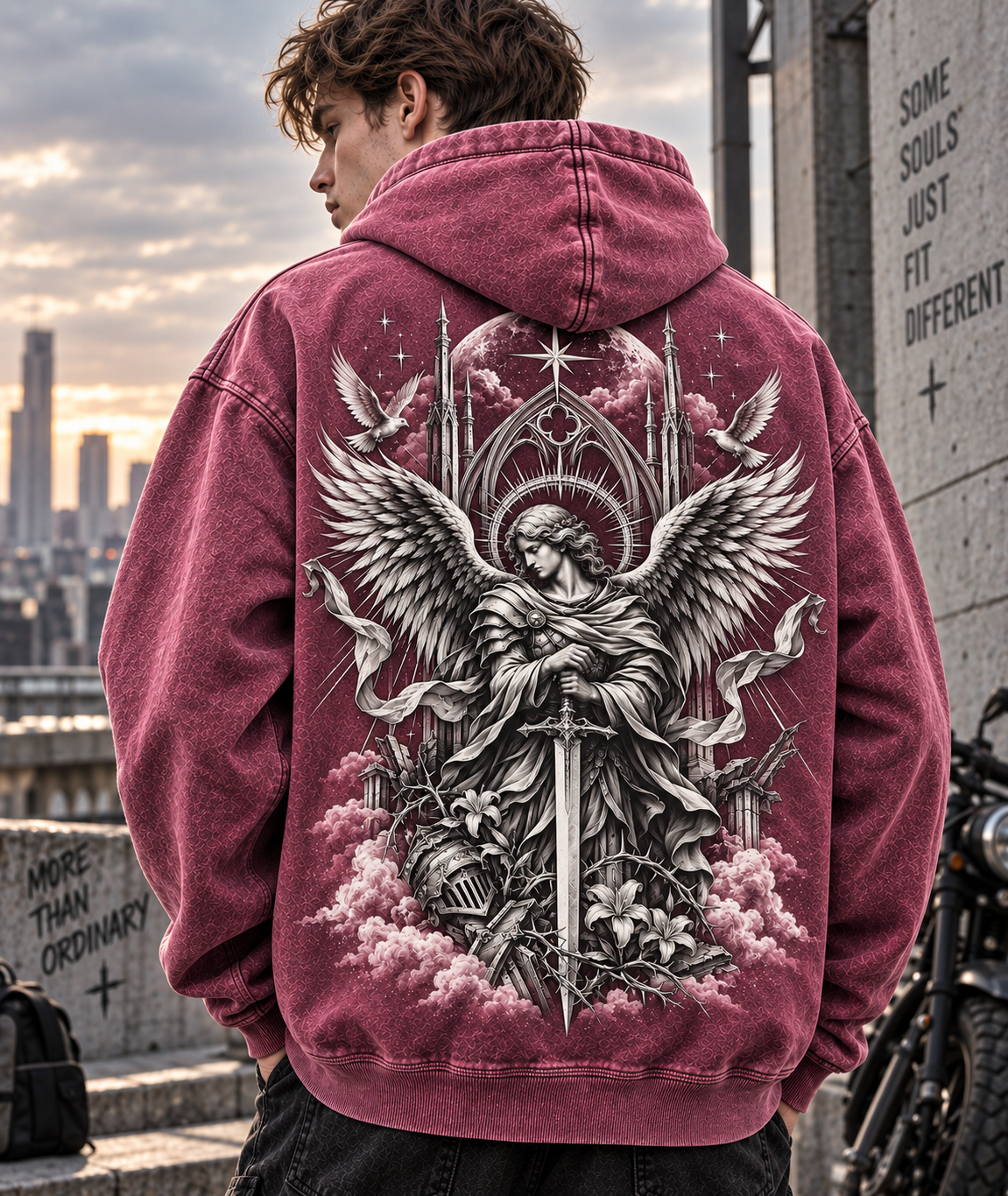 Angelic Guardian Vintage Hoodie – Gothic Wings & Sword