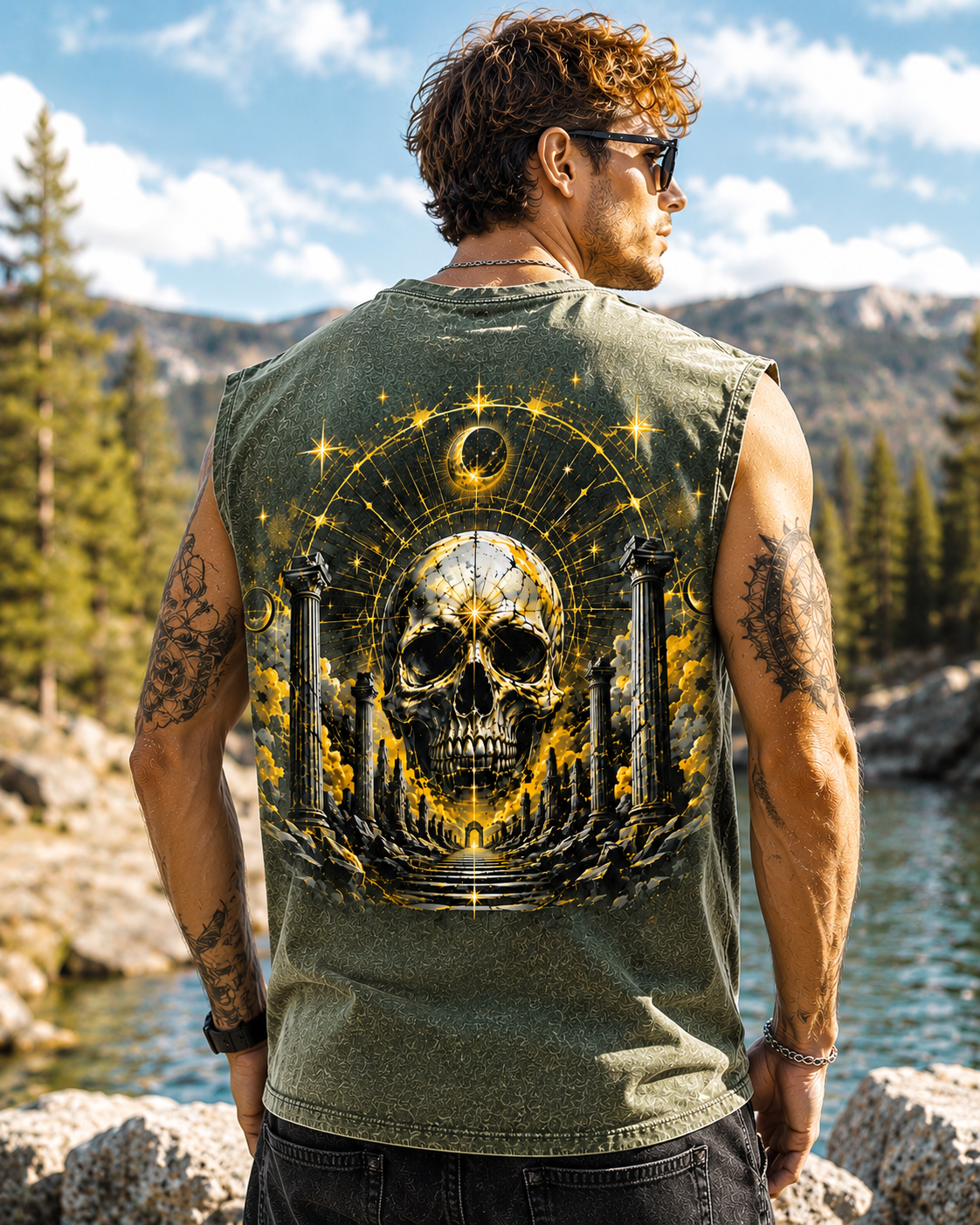 Celestial Skull Washed Black Tank Top