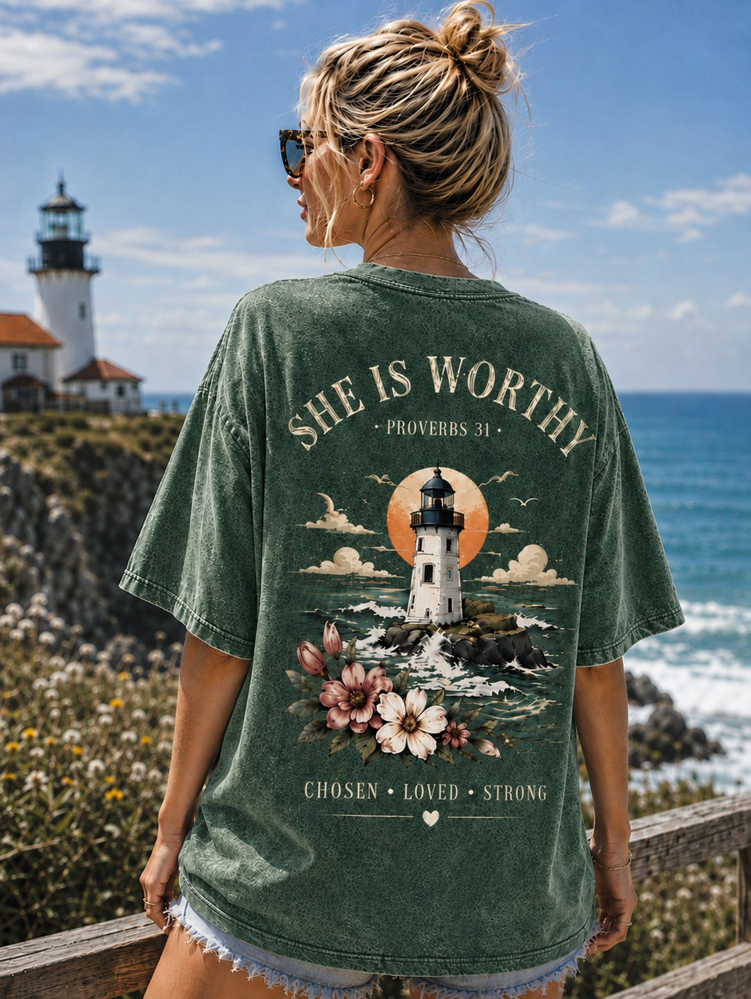 She Is Worthy Lighthouse T-Shirt – Vintage Christian Graphic Tee