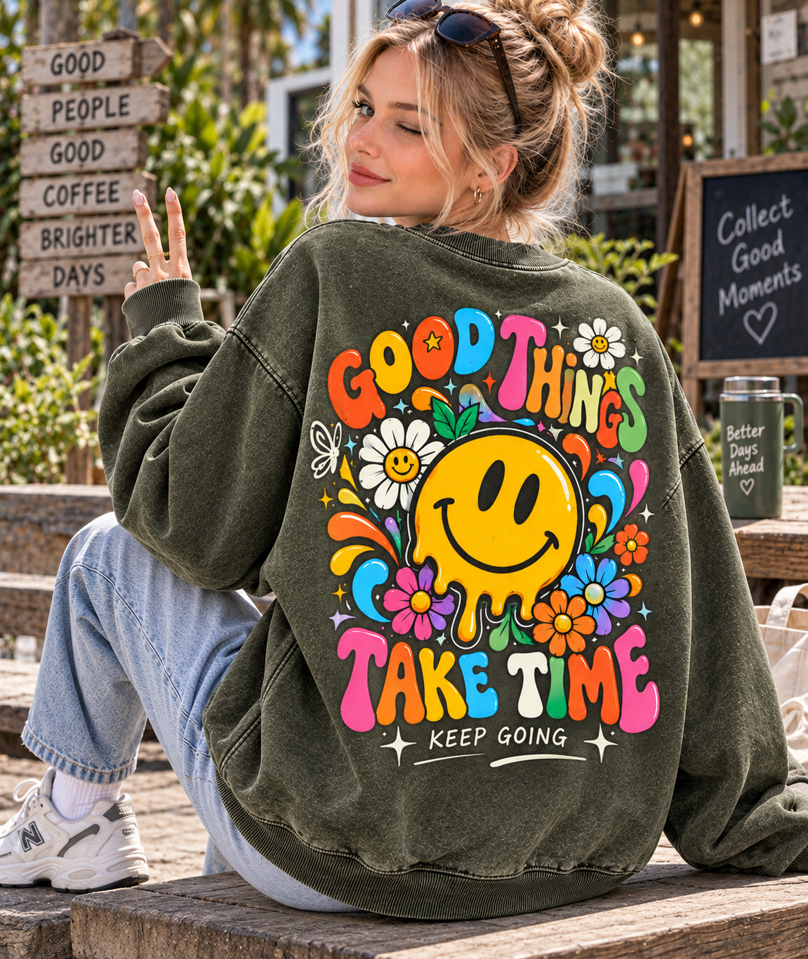 Good Things Take Time – Vintage Smiley Sweatshirt