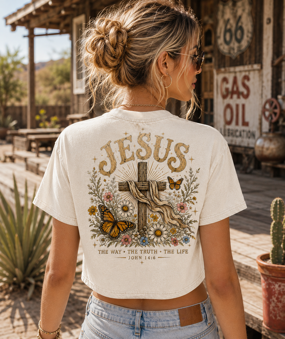 Vintage Jesus Cross Crop Top – Faith Graphic Tee
