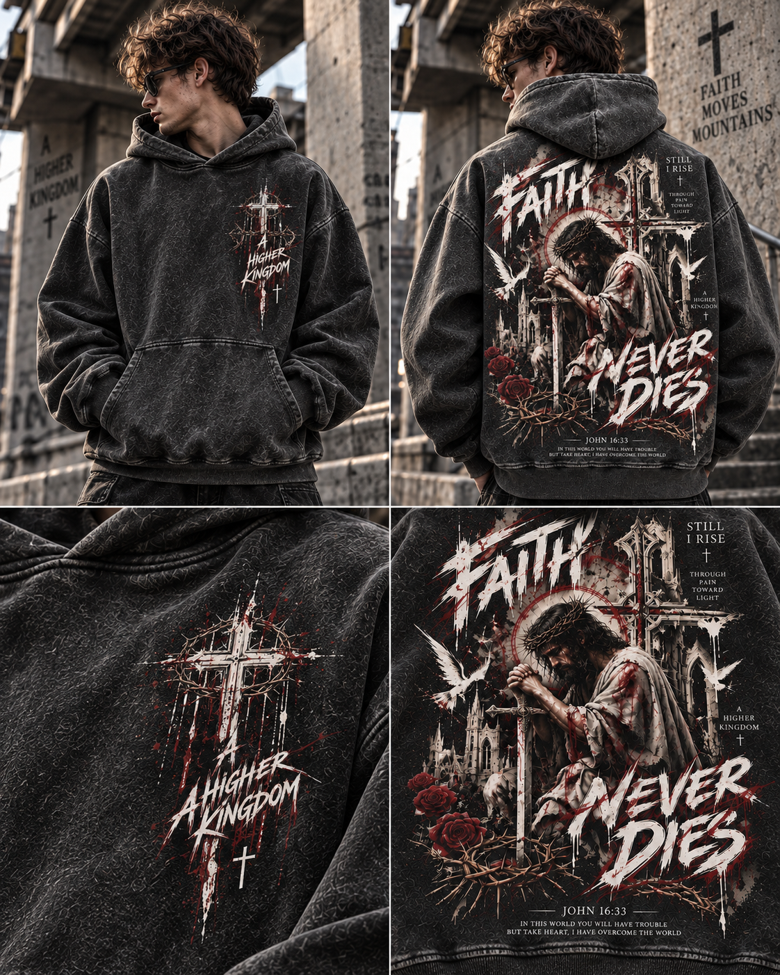 Faith Never Dies – Gothic Cross Washed Hoodie