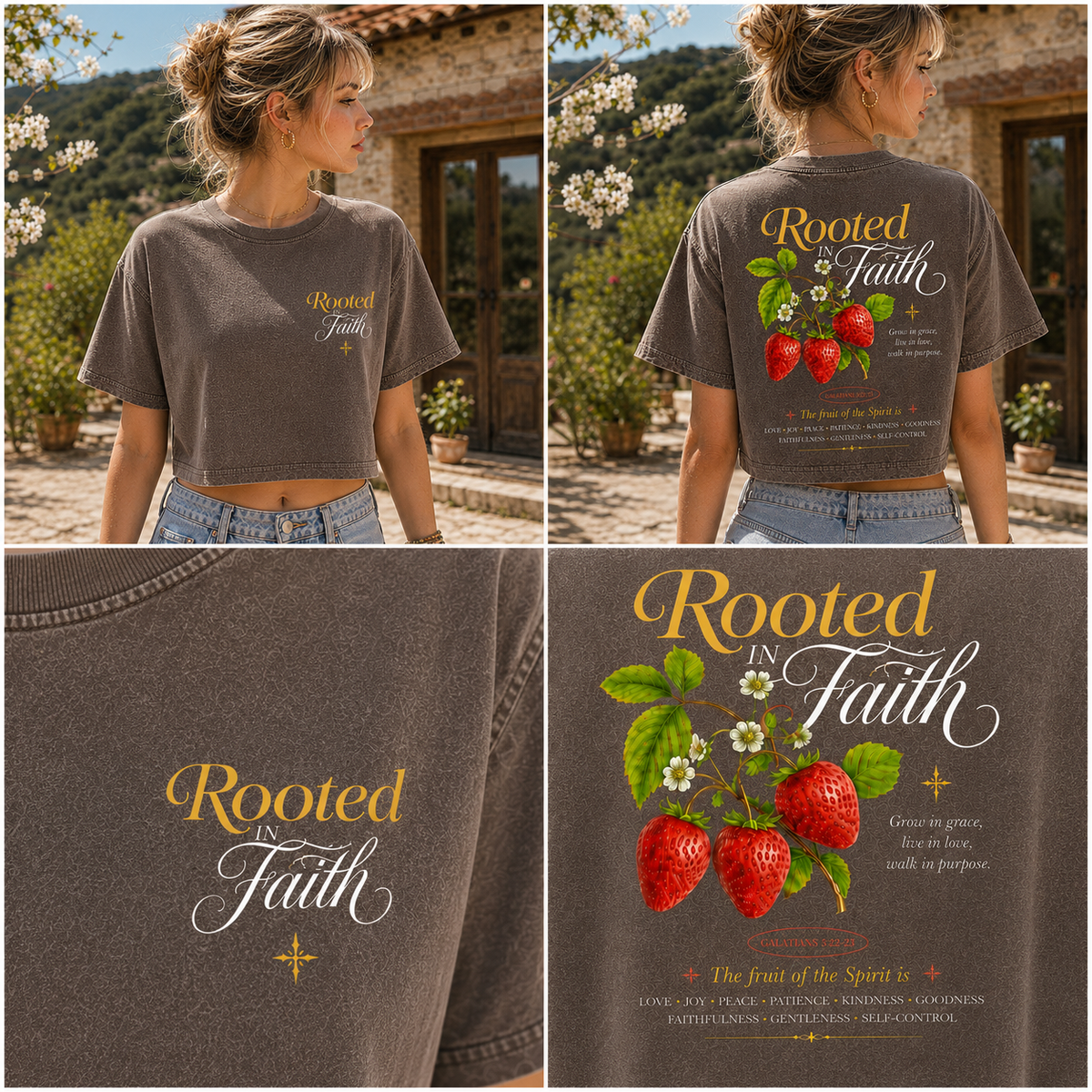 Rooted in Faith Strawberry Crop Top – Vintage Christian Tee