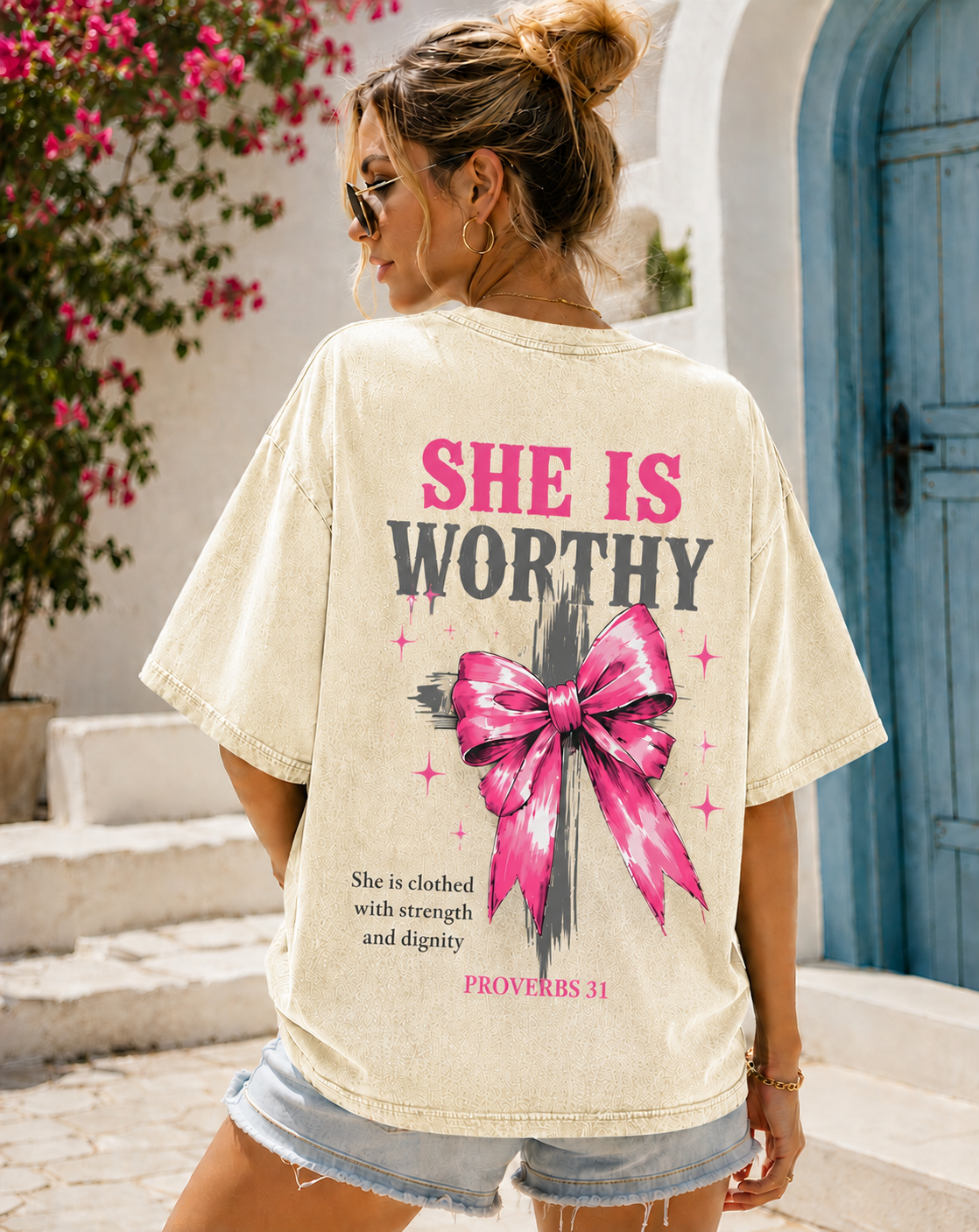 She Is Worthy – Vintage Washed Oversized Tee | Proverbs 31