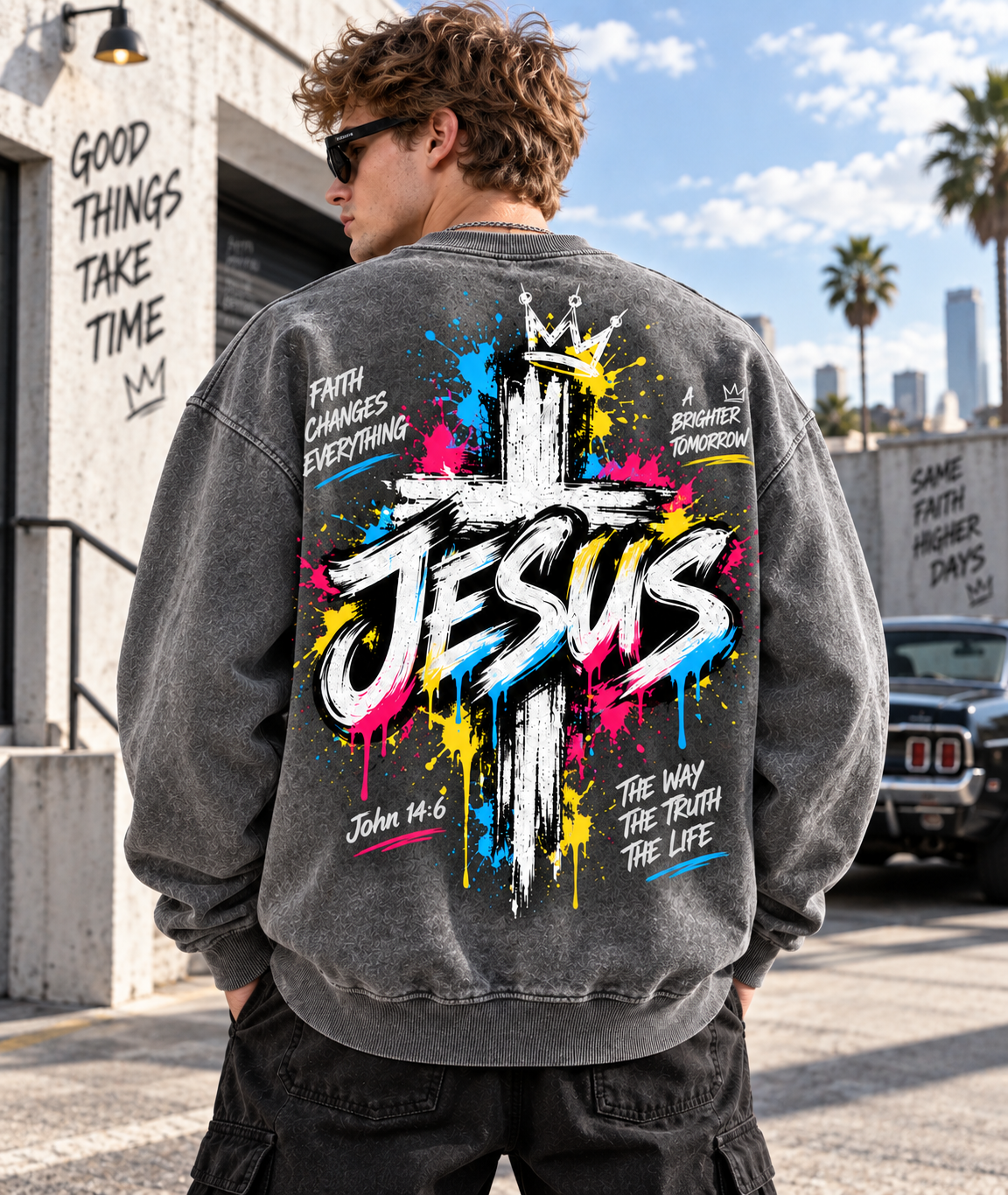 JESUS Graffiti Cross – Vintage Faith Sweatshirt