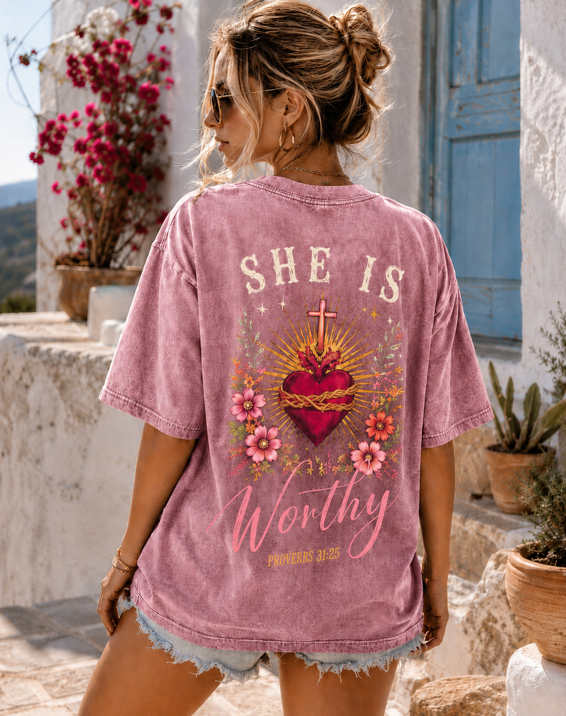 SHE IS Worthy™ – Vintage Sacred Heart Oversized T-Shirt