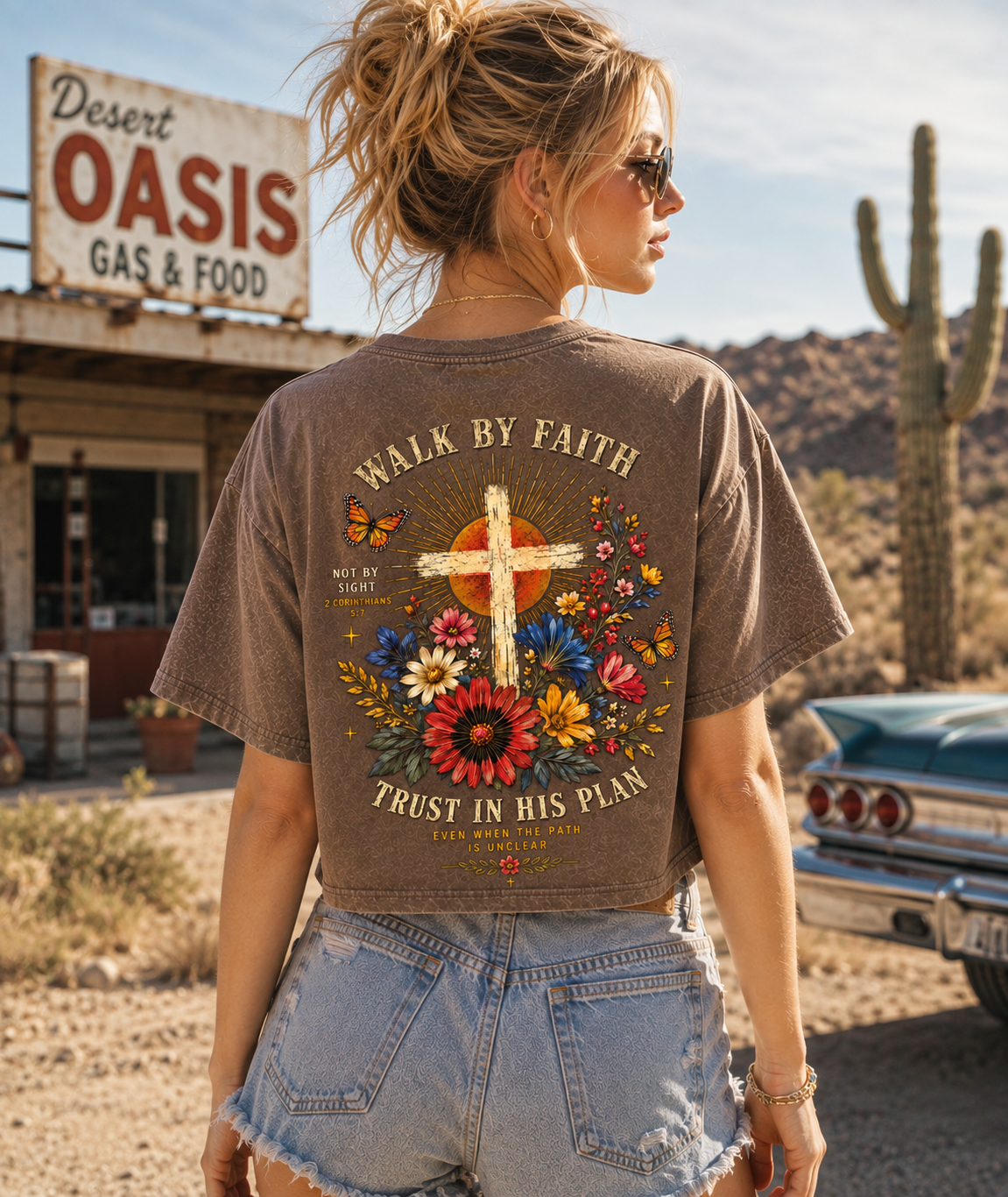 Walk By Faith – Vintage Floral Cross Crop Tee