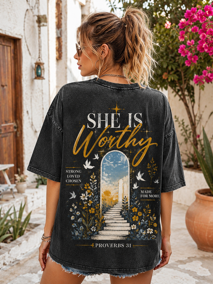 She Is Worthy Vintage Faith T-Shirt – Washed Black
