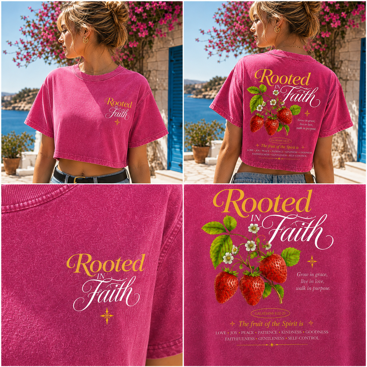 Rooted in Faith Strawberry Crop Top – Vintage Christian Tee