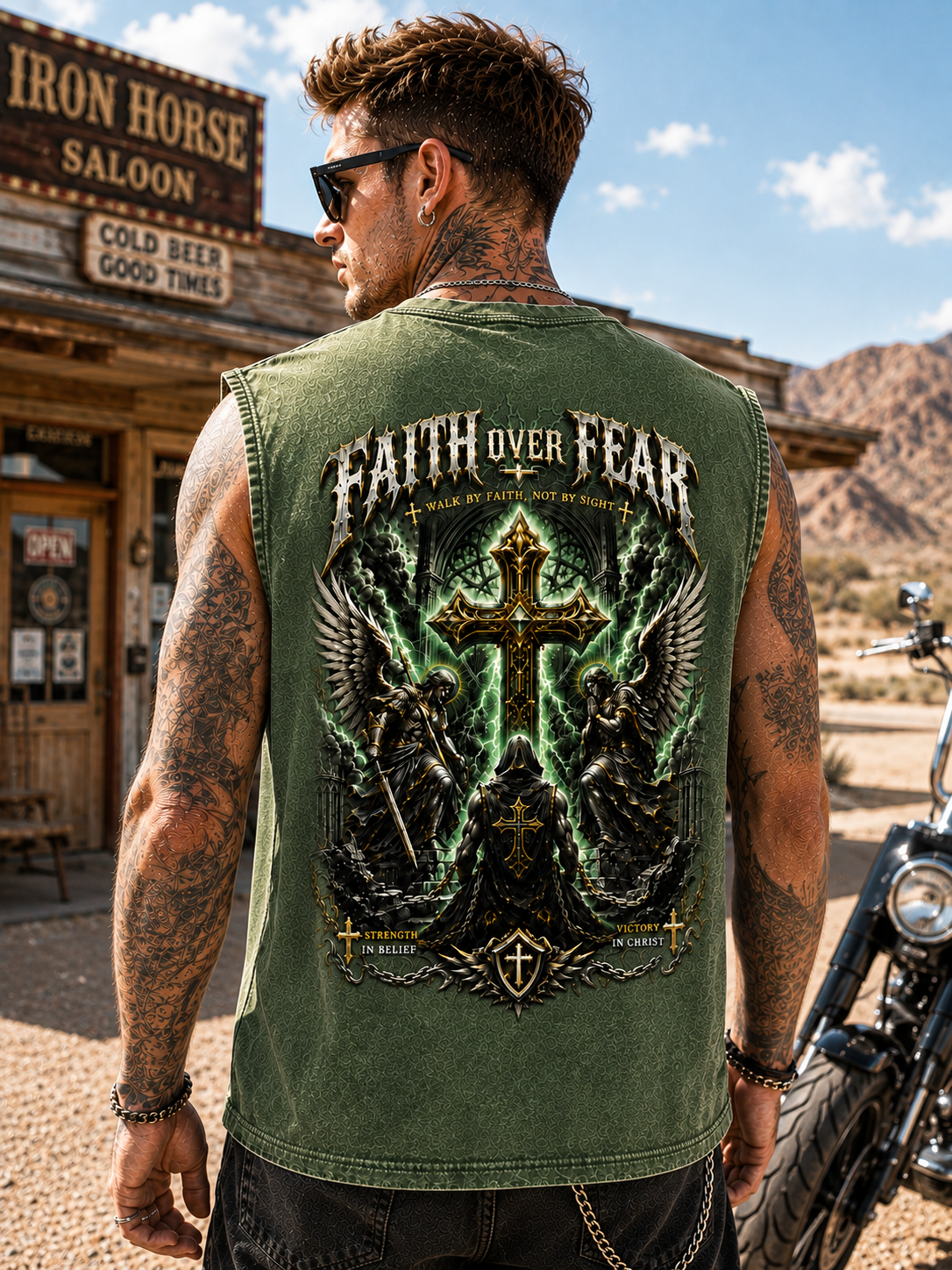 Faith Over Fear – Vintage Washed Blue Biker Tank