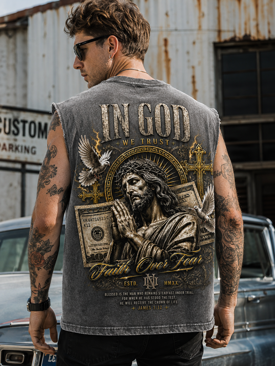 IN GOD Faith Over Fear – Washed Vintage Muscle Tee
