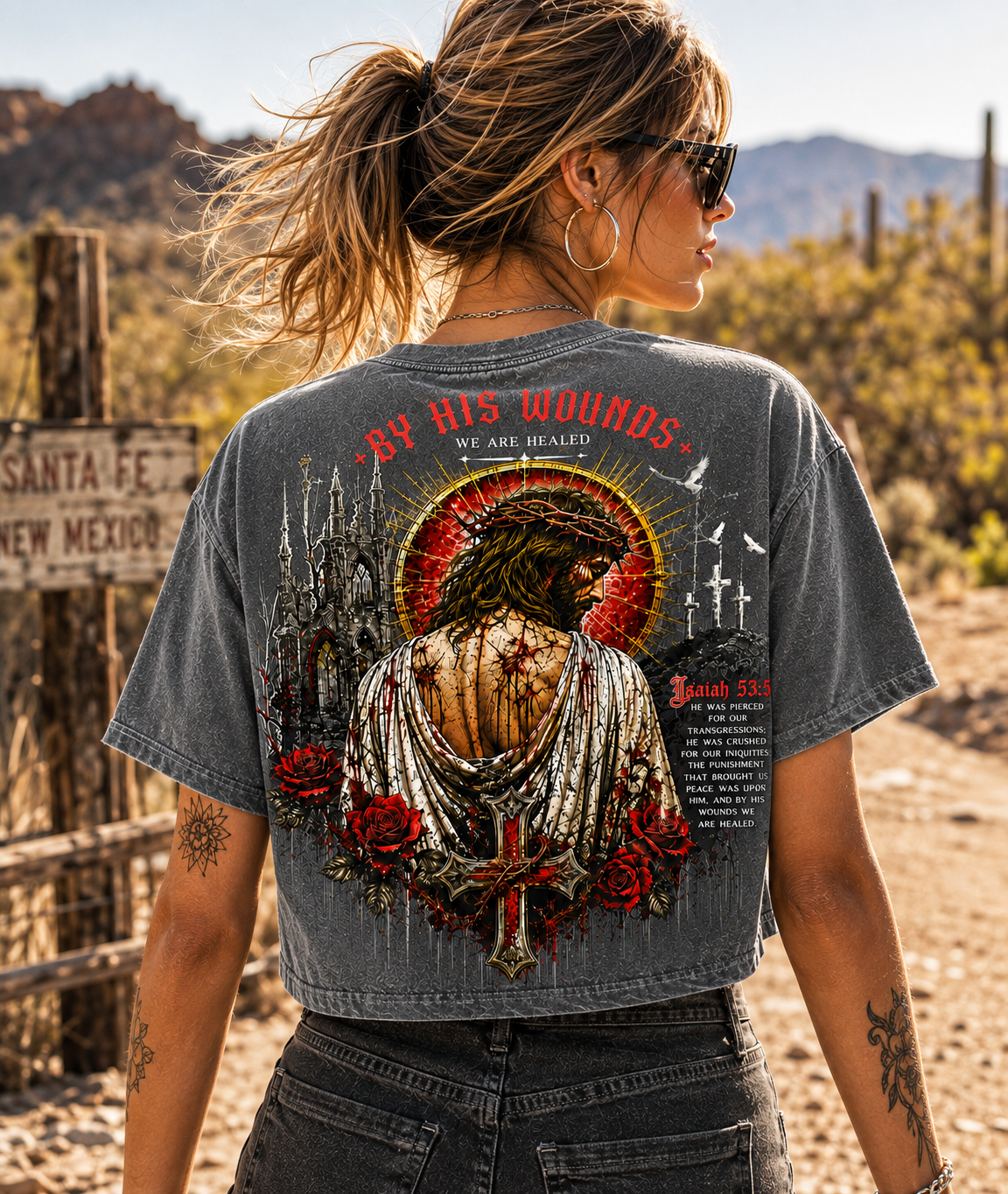 By His Wounds Gothic Cross Crop Tee – Vintage Christian Style