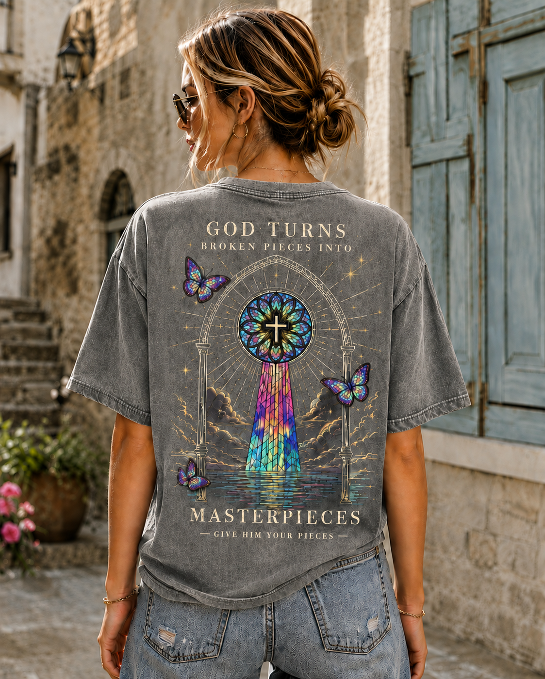 GOD TURNS Broken Pieces – Stained Glass Cross T-Shirt