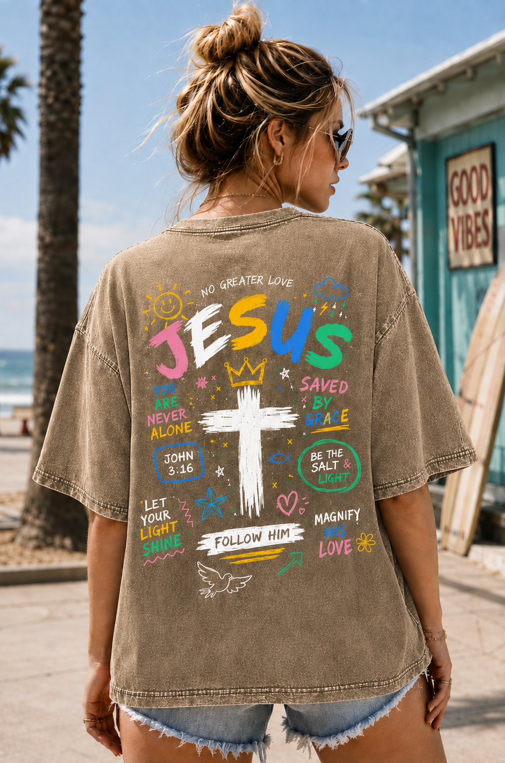 Jesus Loves You Vintage Washed Tee – Christian Graphic Oversized T-Shirt