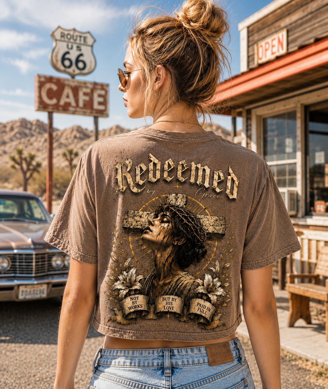 Redeemed by Grace – Vintage Christian Crop Tee