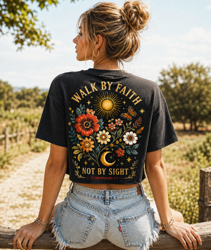 Walk by Faith Crop Top – Vintage Floral Christian Tee
