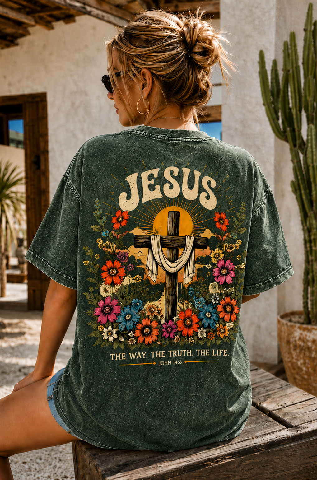 Jesus Cross Vintage Tee – Washed Black Floral Graphic
