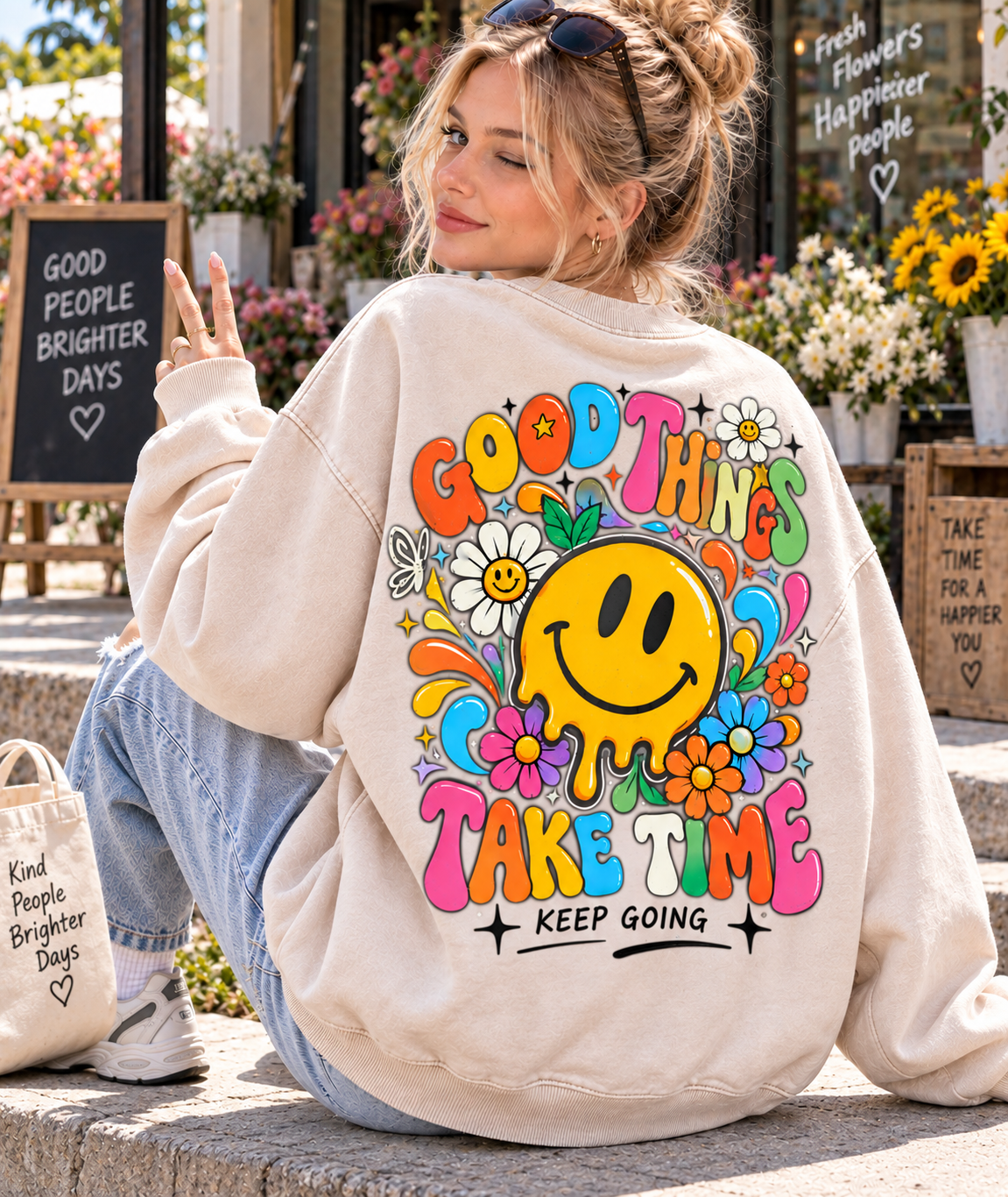 Good Things Take Time – Vintage Smiley Sweatshirt