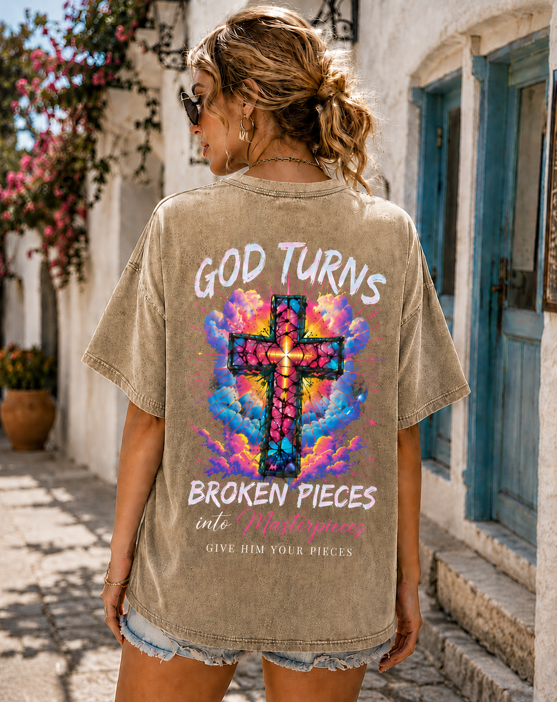 GOD Turns Broken Pieces Graphic Tee – Vintage Washed Black