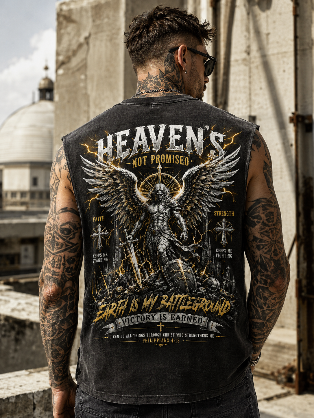 Heaven’s Not Promised – Vintage Washed Black Graphic Muscle Tee