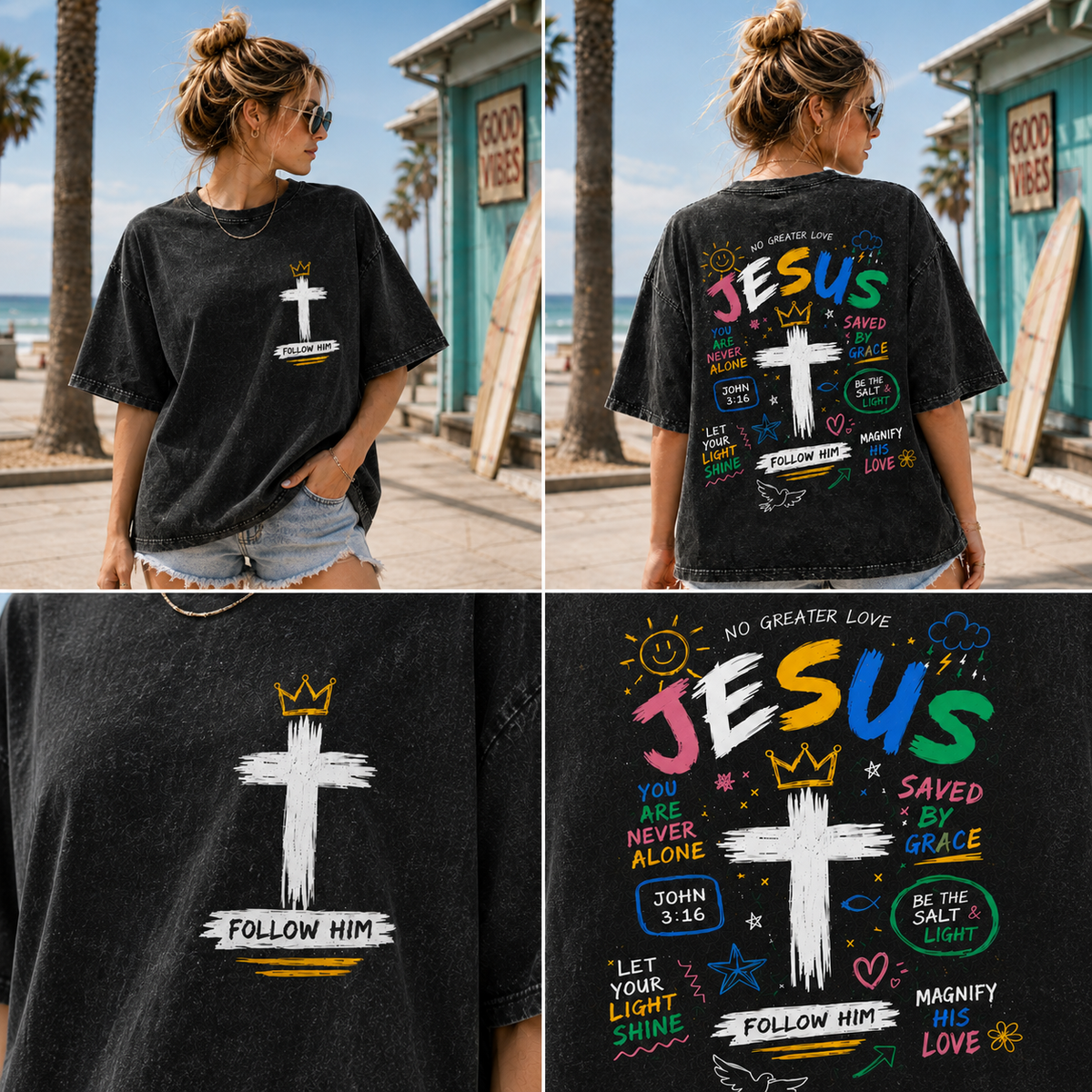 Jesus Loves You Vintage Washed Tee – Christian Graphic Oversized T-Shirt