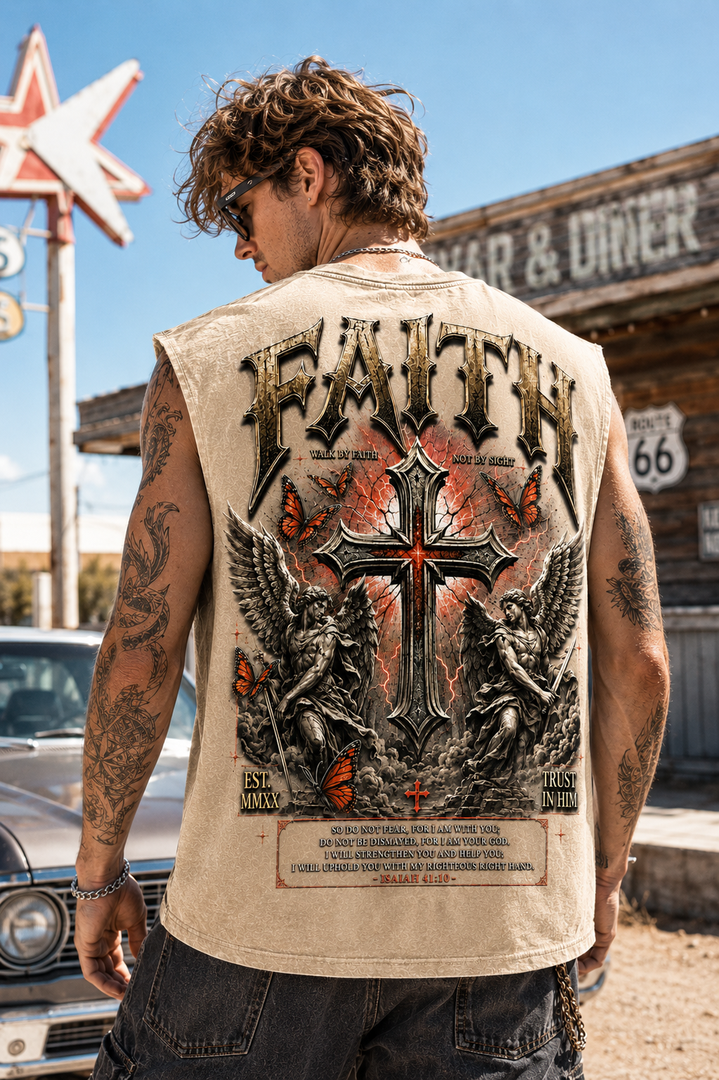 FAITH Washed Black Muscle Tee – Vintage Gothic Cross Graphic
