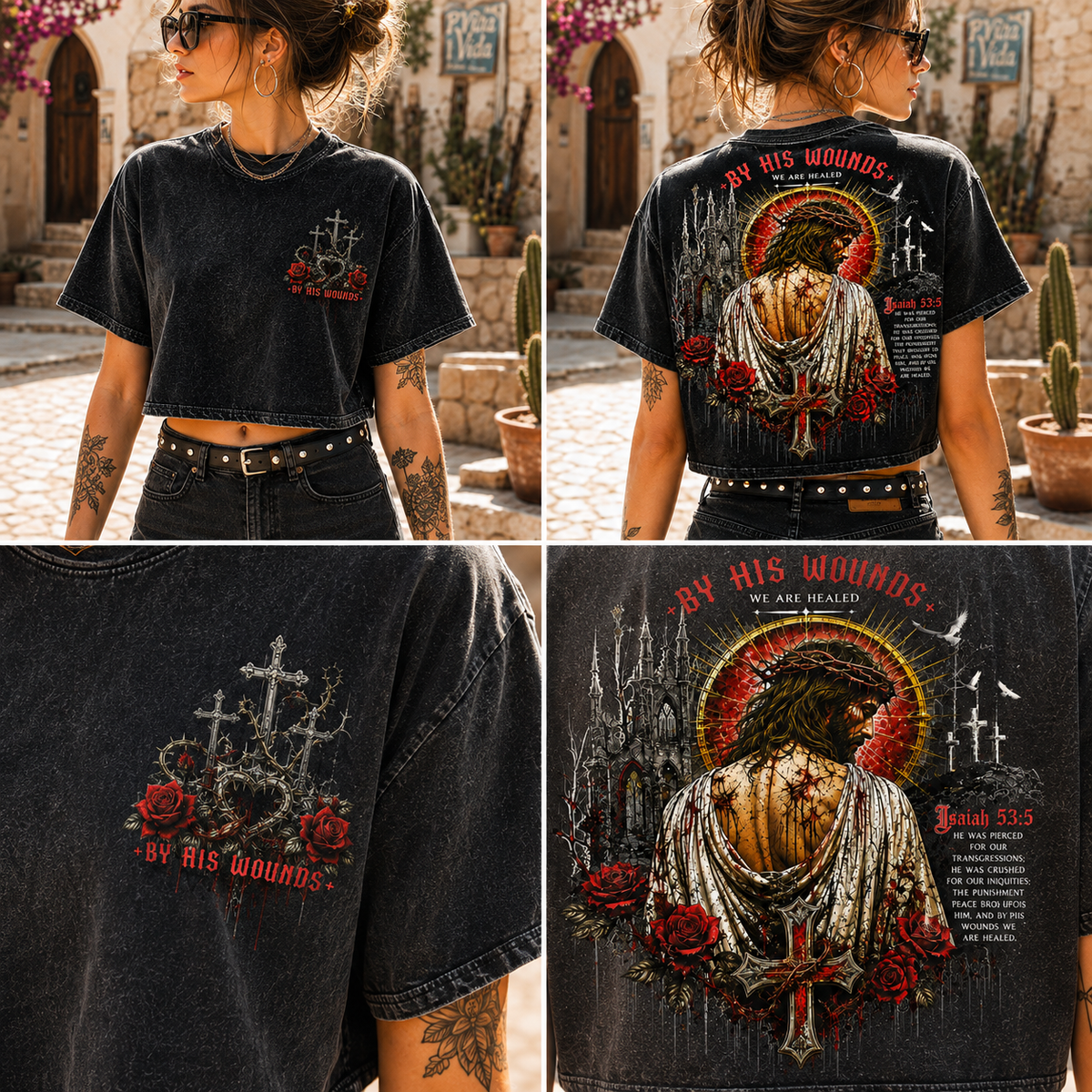 By His Wounds Gothic Cross Crop Tee – Vintage Christian Style