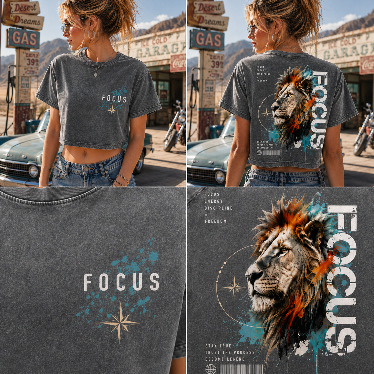 FOCUS Lion Graphic Crop Tee – Vintage Wash