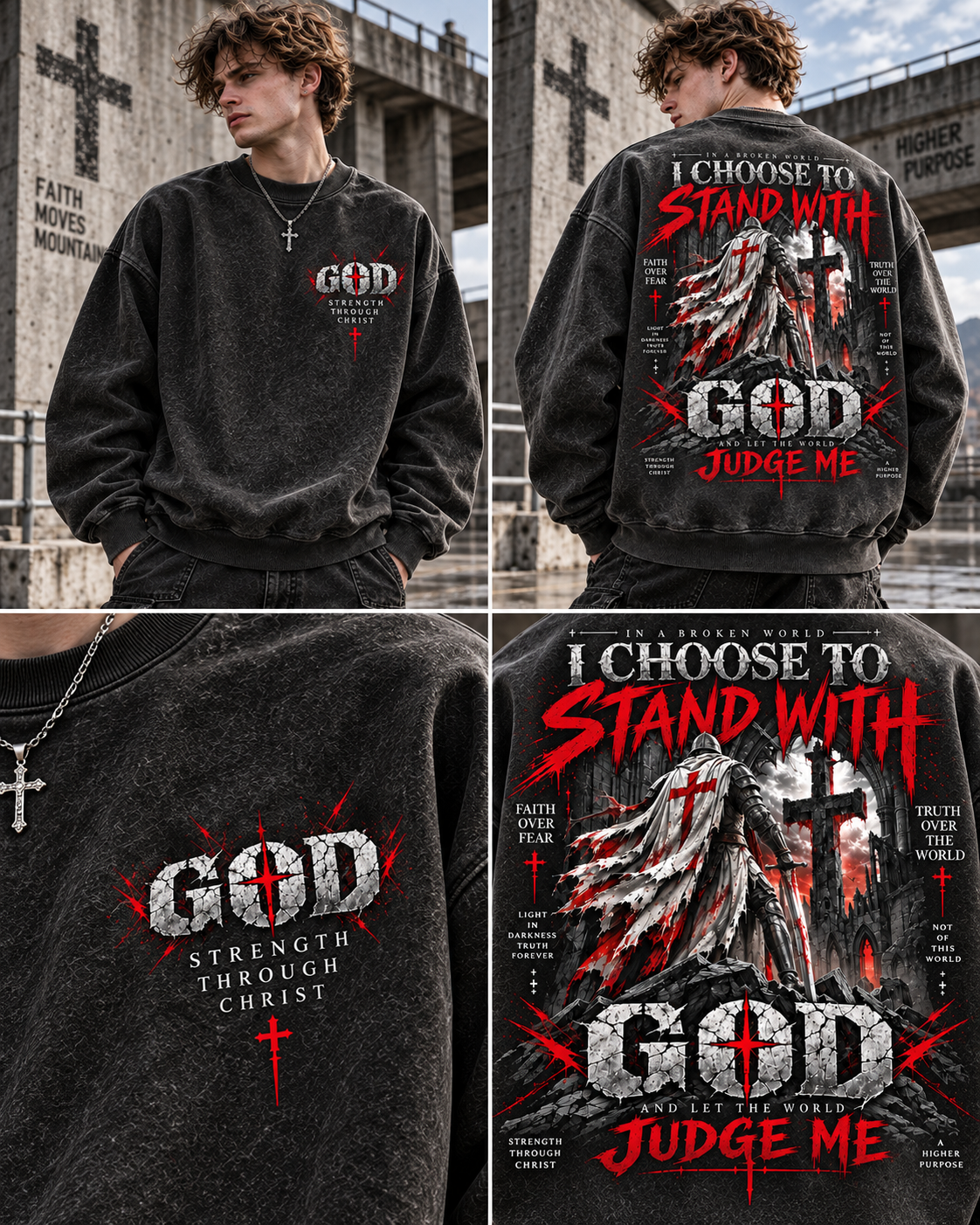 GOD Stand With Faith – Vintage Gothic Wash Sweatshirt