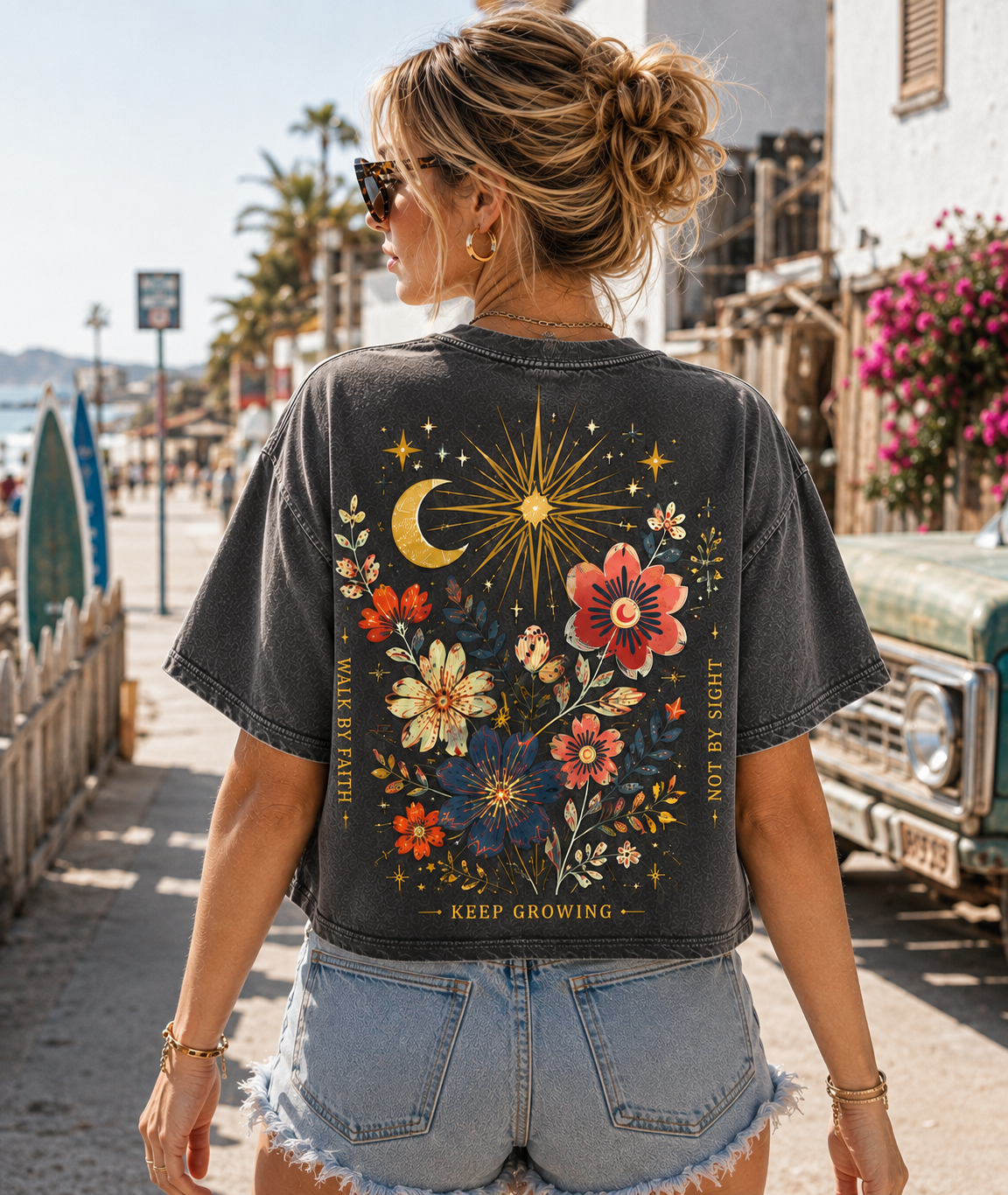 Celestial Bloom Crop Top – Vintage Floral Graphic Tee