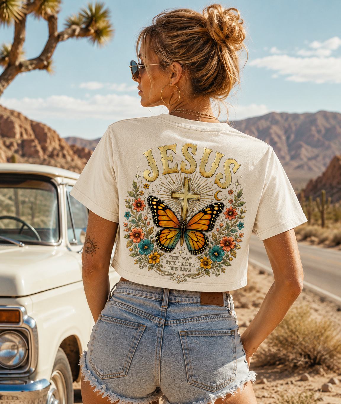 JESUS Butterfly Vintage Crop Top – Washed Black
