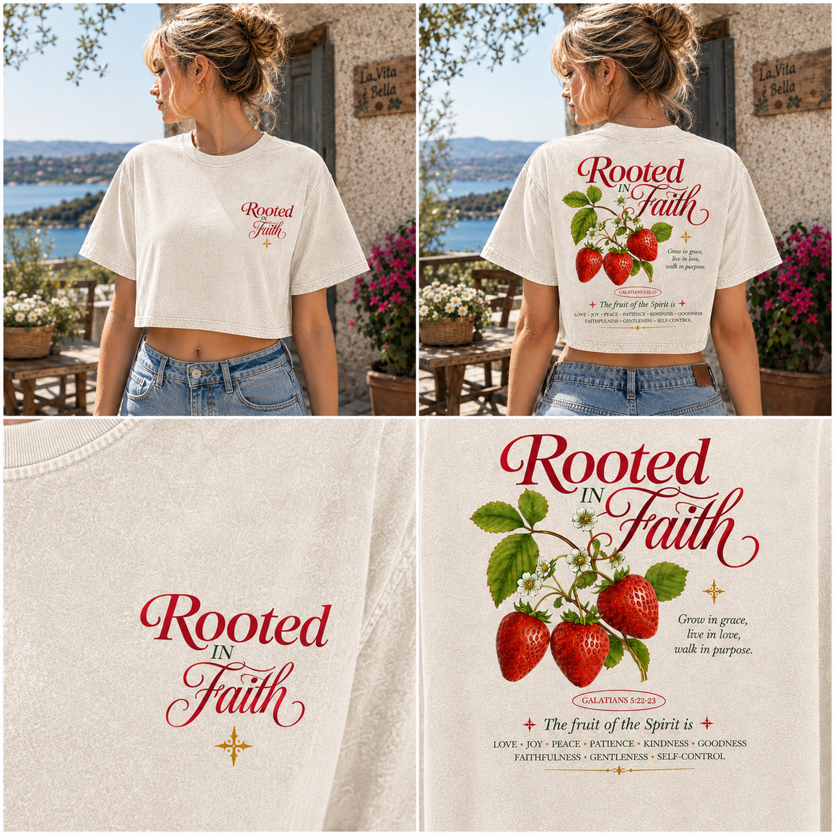 Rooted in Faith Strawberry Crop Top – Vintage Christian Tee