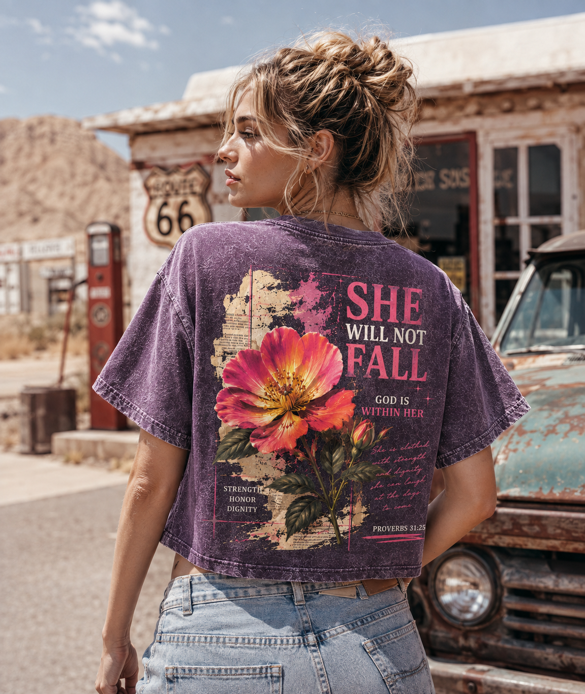 She Will Not Fall – Vintage Floral Faith Crop Top