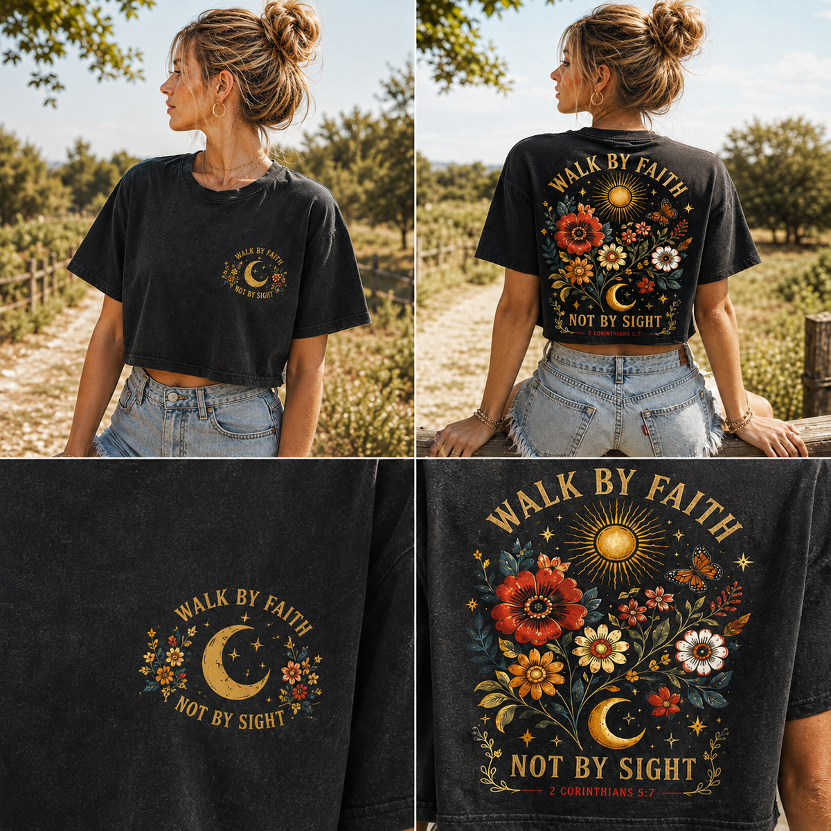 Walk by Faith Crop Top – Vintage Floral Christian Tee