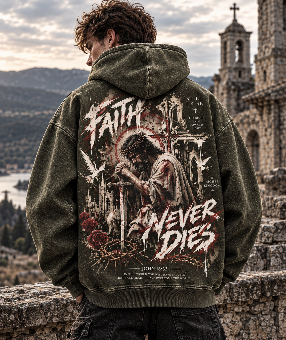Faith Never Dies – Gothic Cross Washed Hoodie