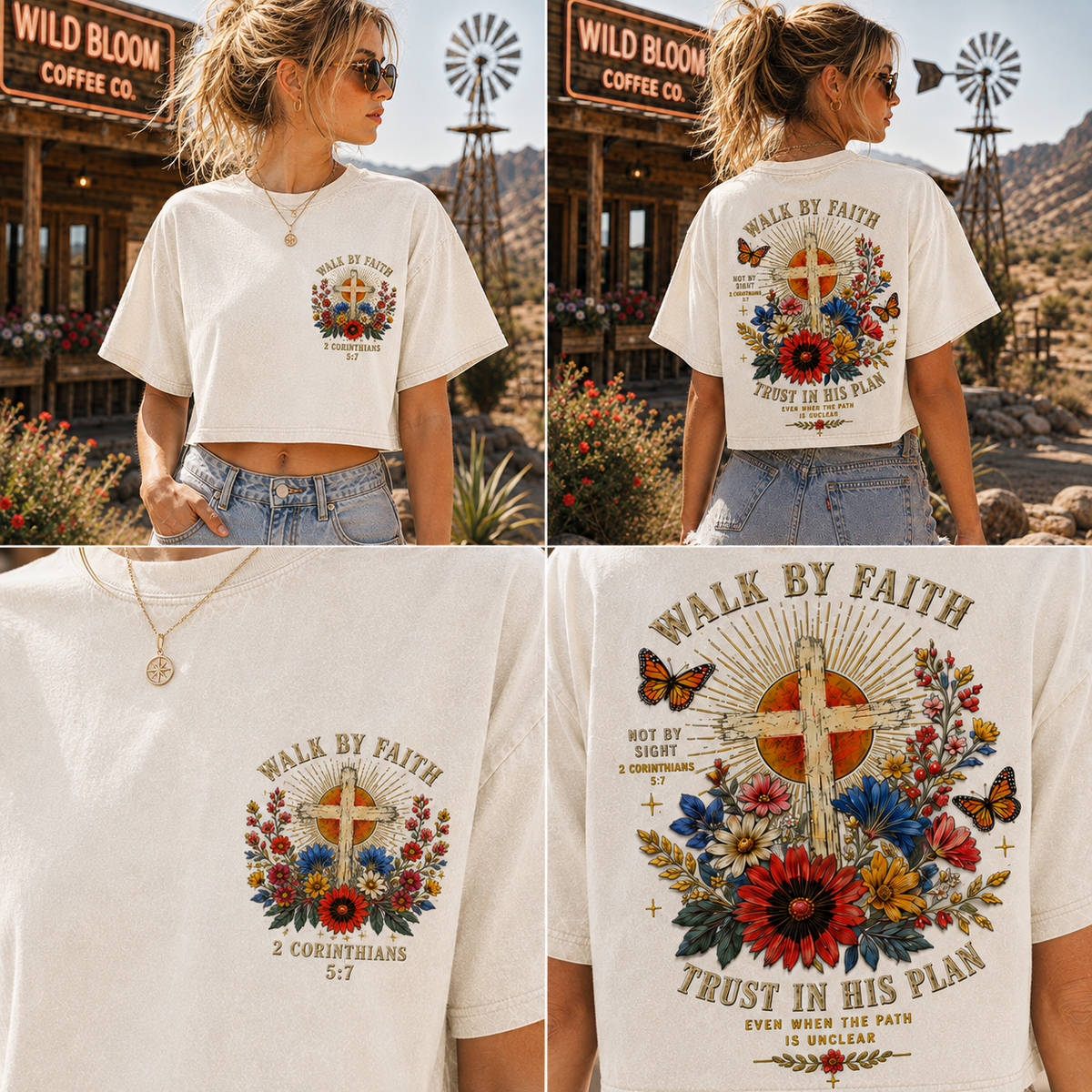 Walk By Faith – Vintage Floral Cross Crop Tee