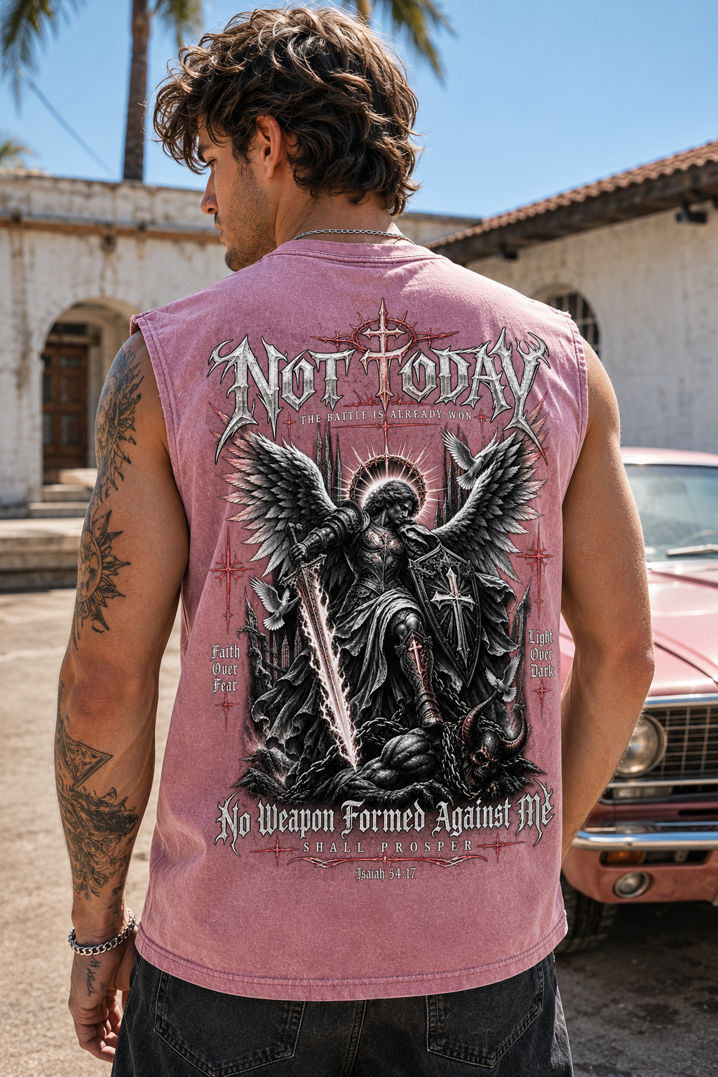 Not Today Washed Blue Muscle Tee – Gothic Faith Graphic