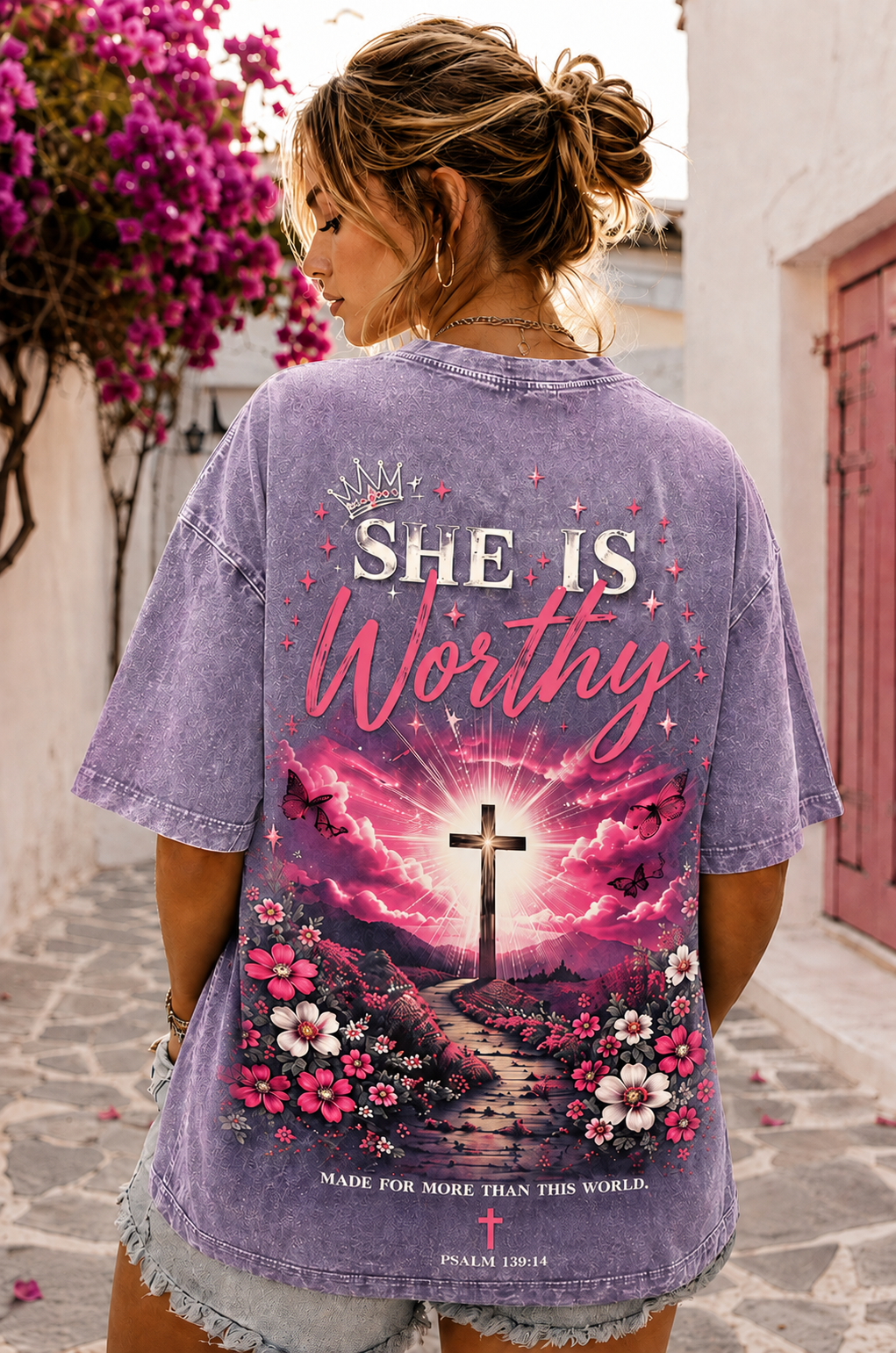 She Is Worthy Christian Graphic Washed Black Oversized T-Shirt
