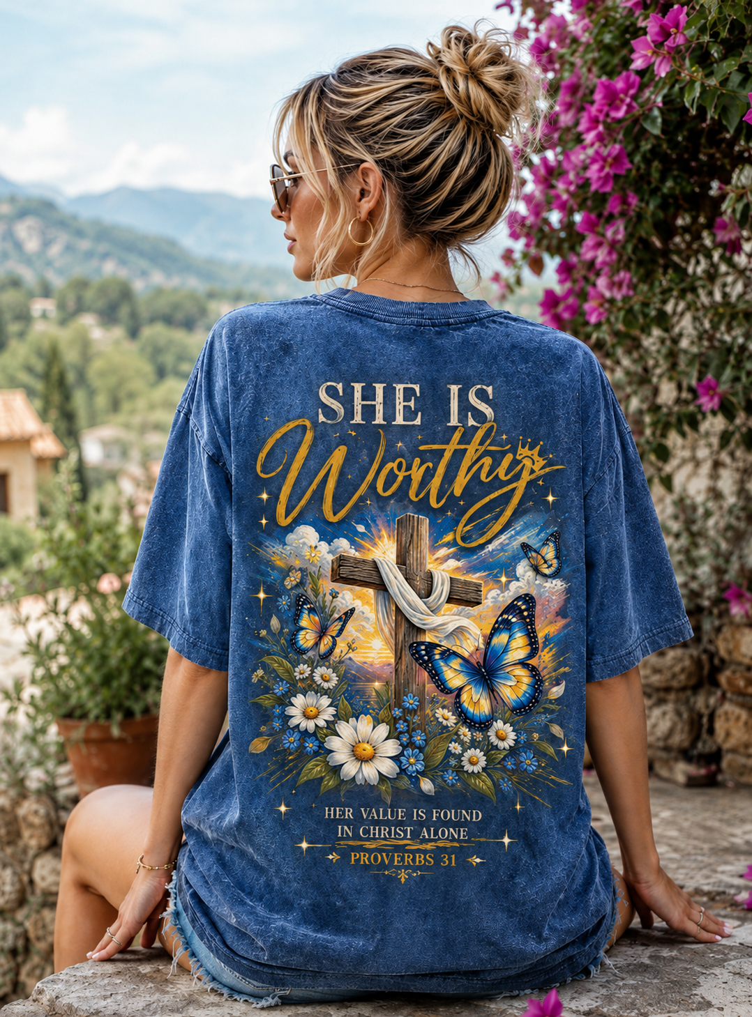 She Is Worthy Christian T-Shirt – Vintage Cross & Butterfly Graphic Tee