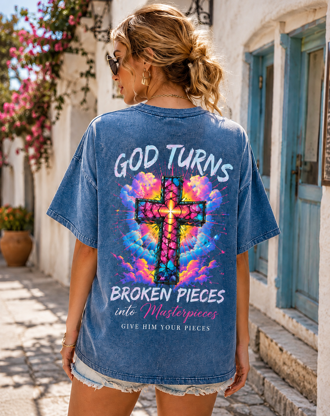 GOD Turns Broken Pieces Graphic Tee – Vintage Washed Black