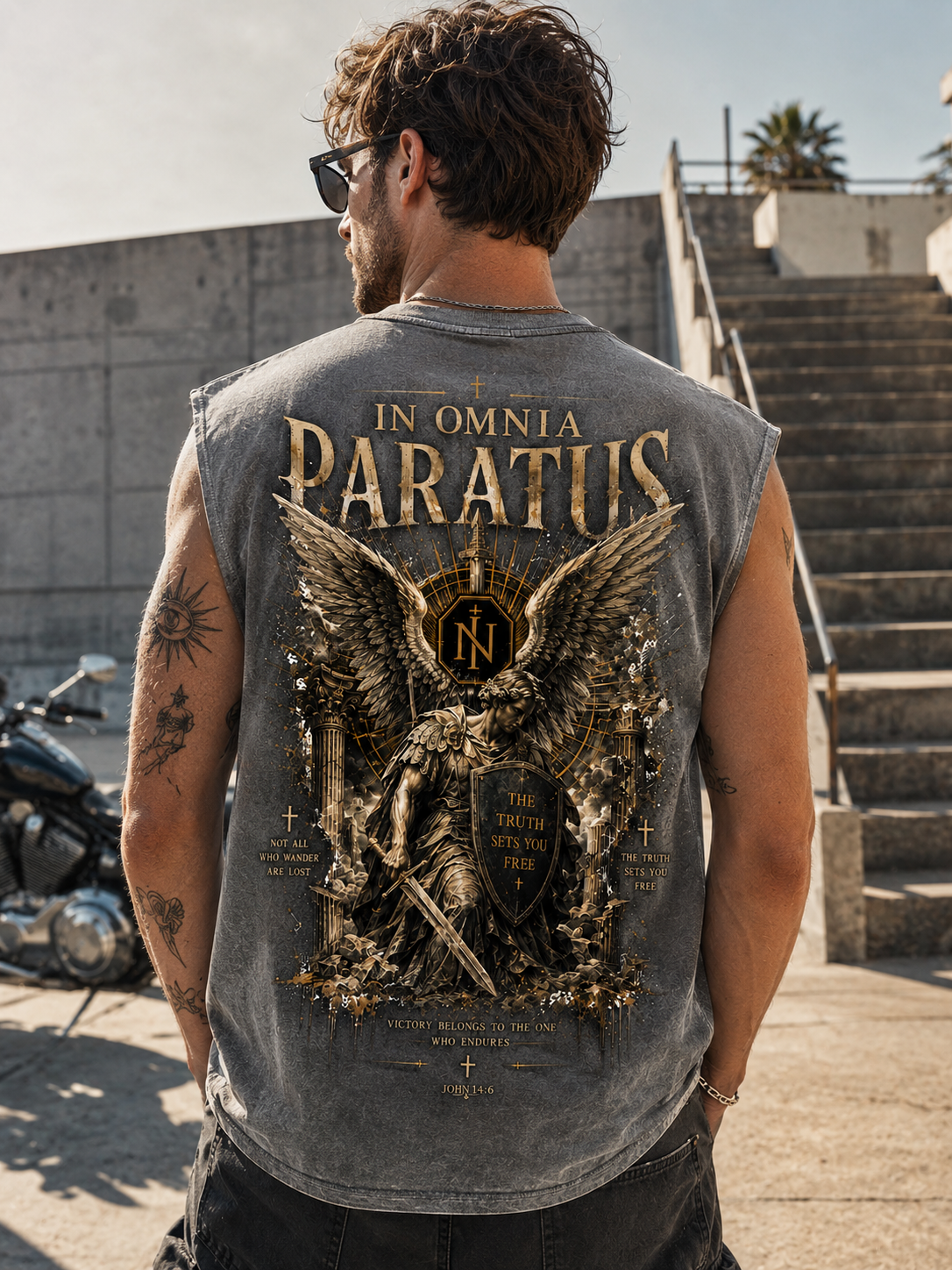 In Omnia Paratus – Vintage Winged Warrior Washed Black Tank Top