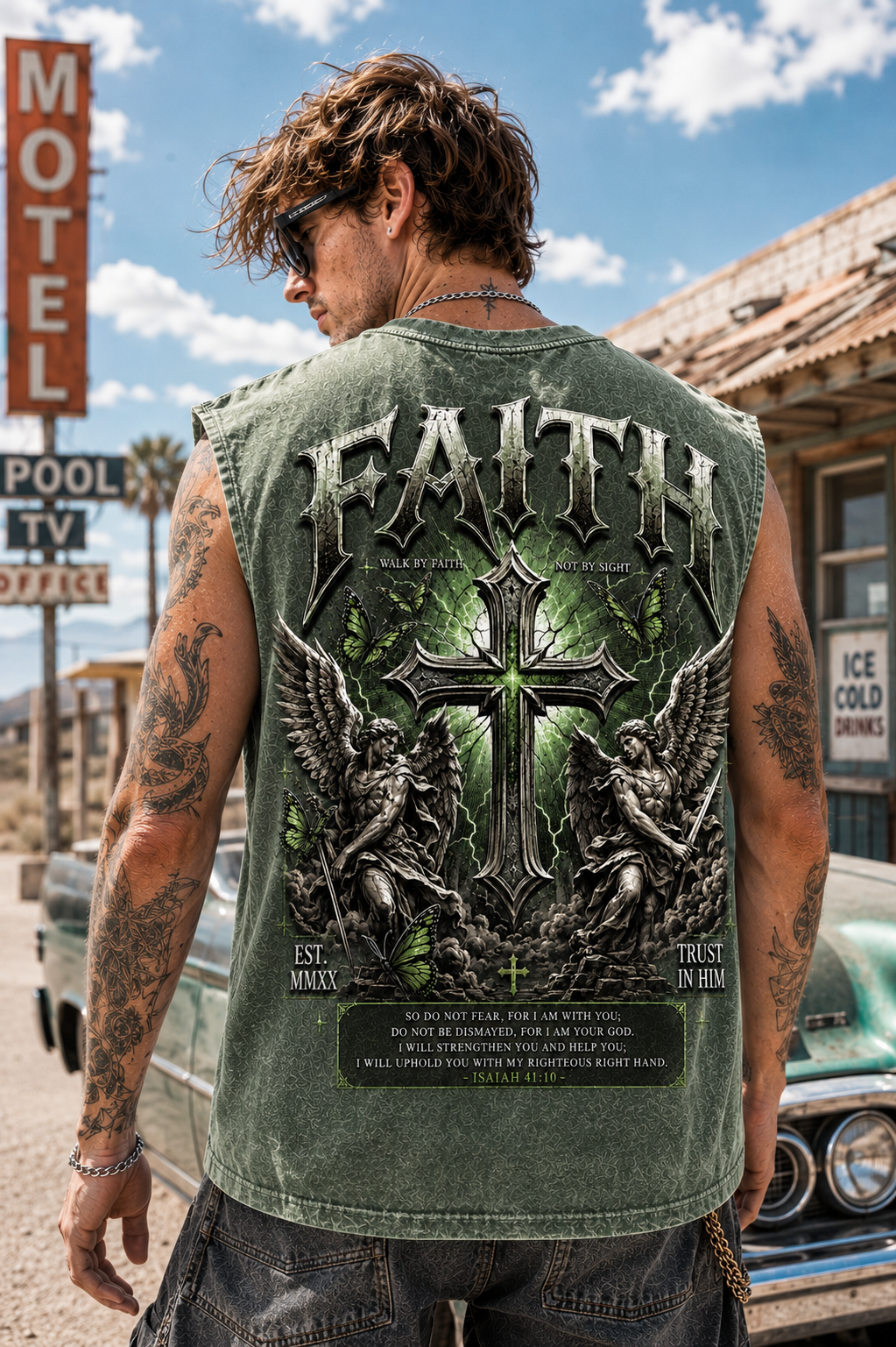 FAITH Washed Black Muscle Tee – Vintage Gothic Cross Graphic