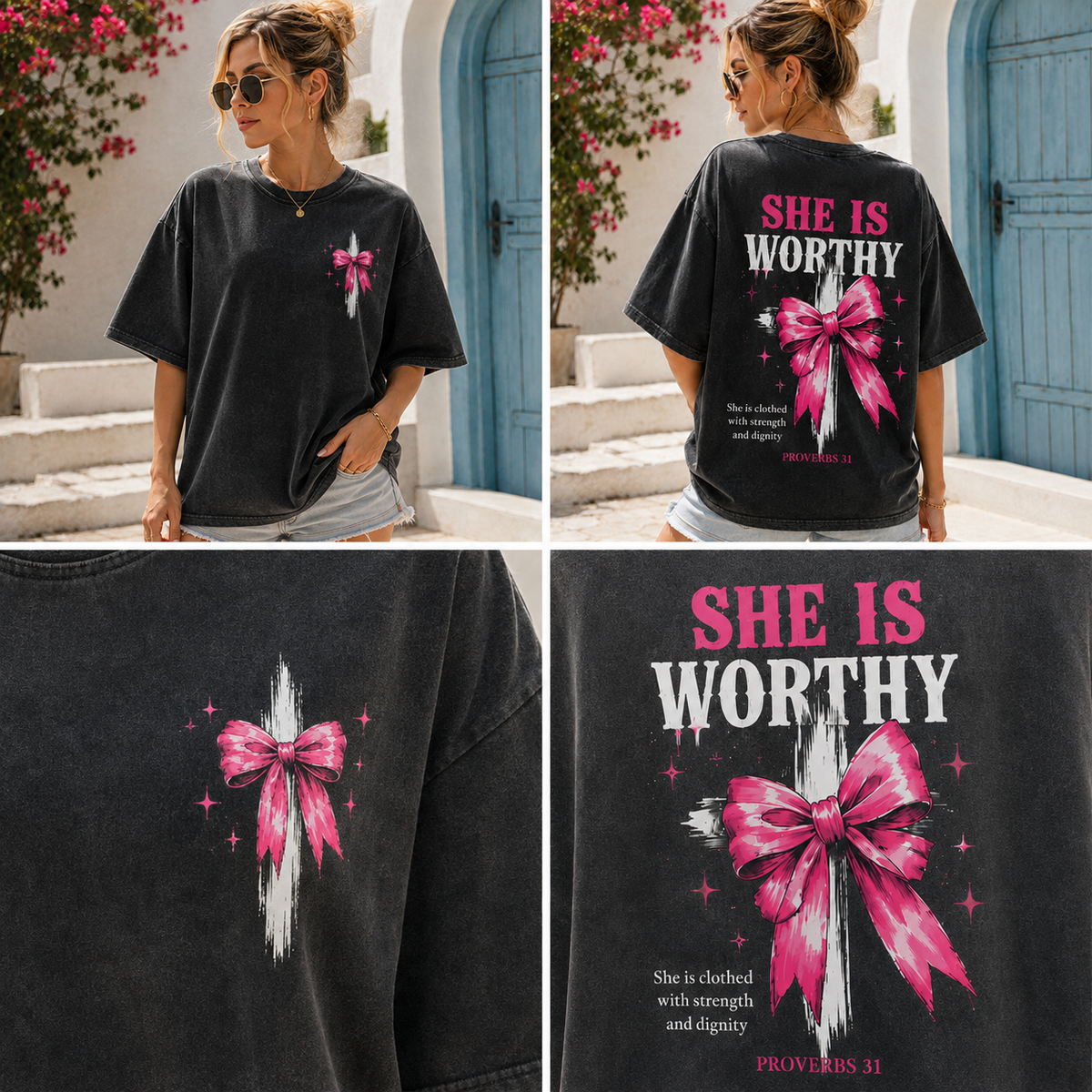She Is Worthy – Vintage Washed Oversized Tee | Proverbs 31