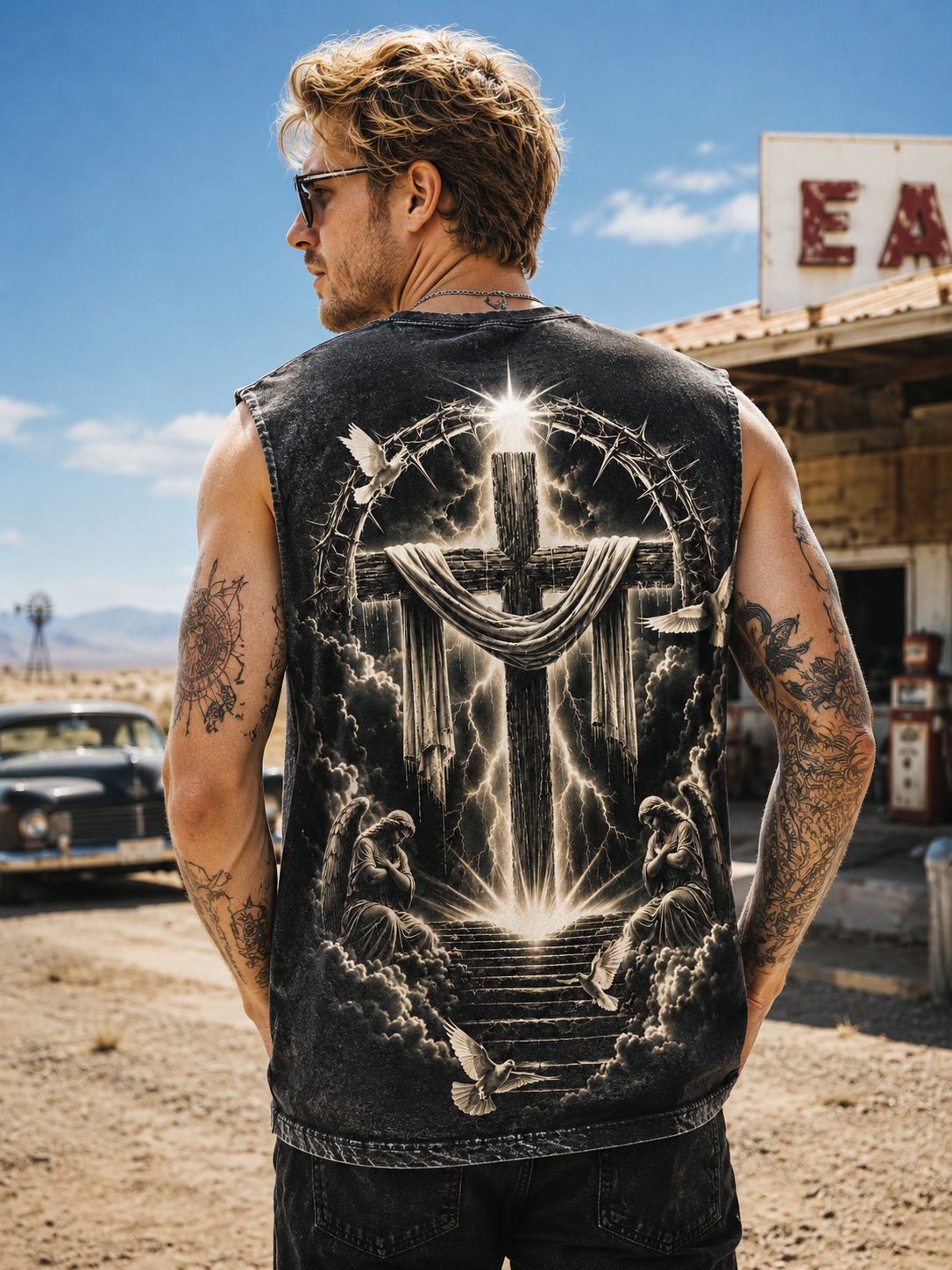 Washed Black Angel Cross – Vintage Faith Muscle Tee