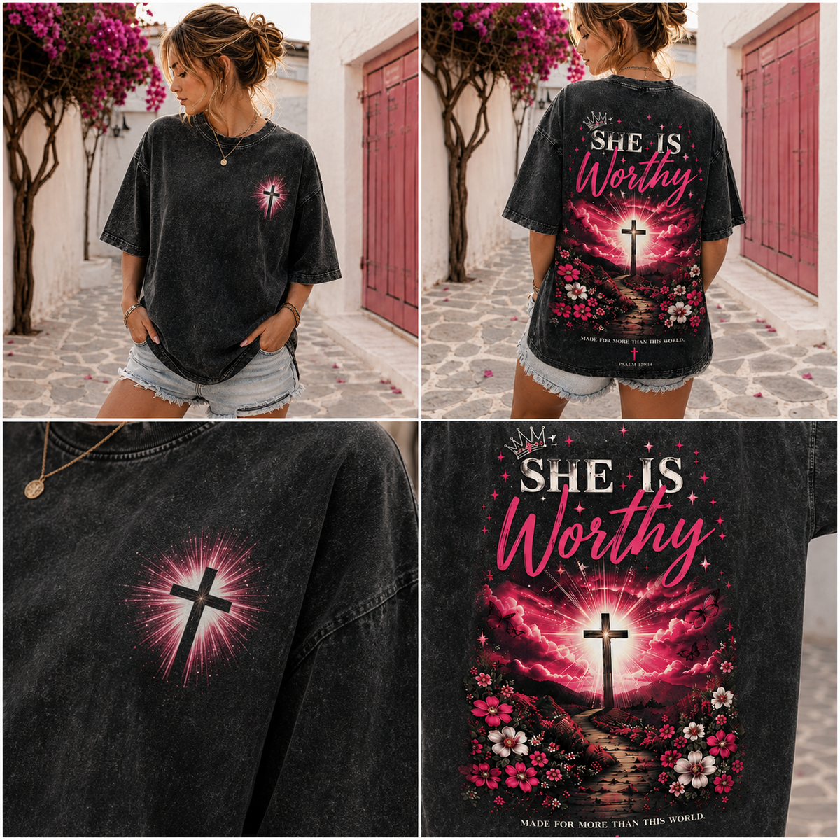 She Is Worthy Christian Graphic Washed Black Oversized T-Shirt